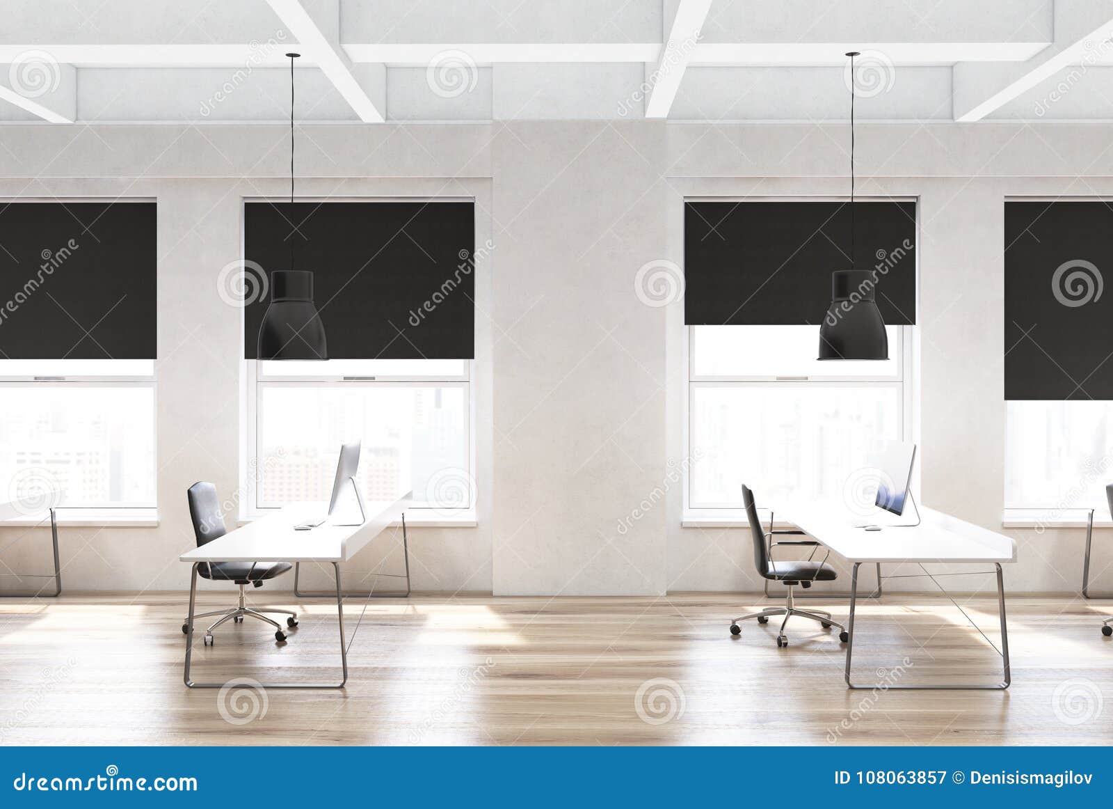 Wooden Floor Open Space Office Rows Of Desks Stock Illustration