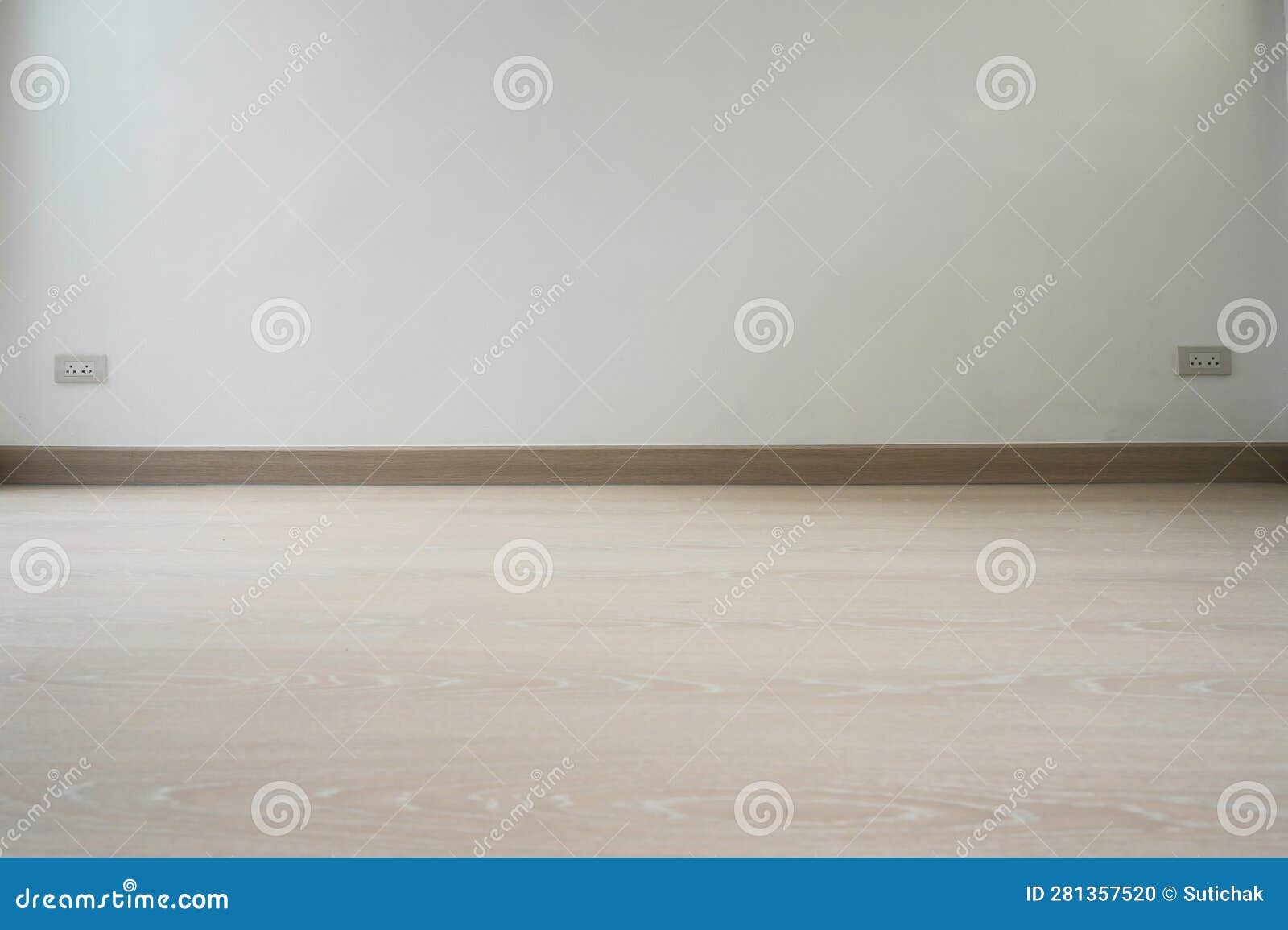 Close Up Wooden Floor and White Wall, Construction Industry Stock Photo