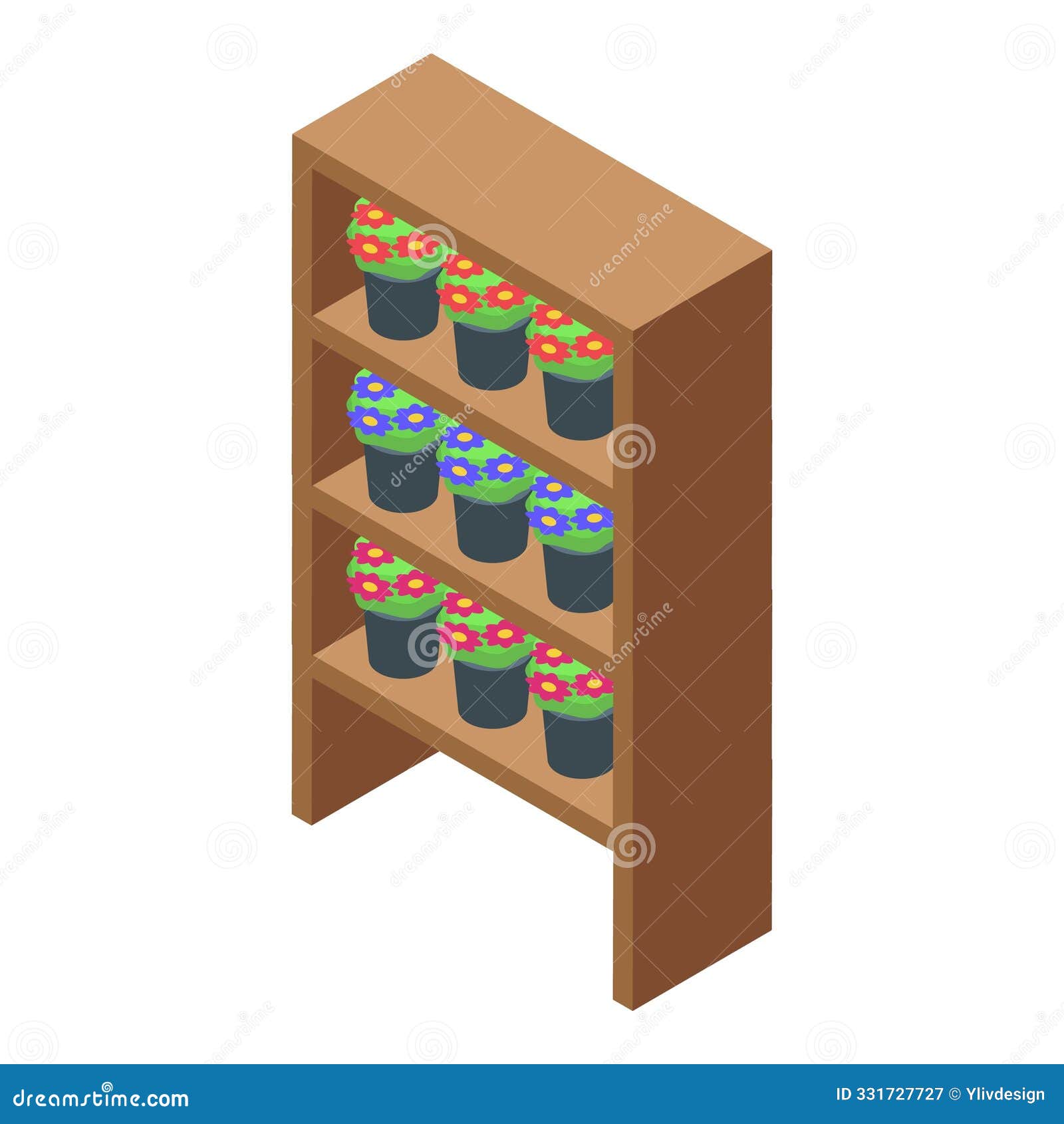 wooden flower shelf displaying colorful flowers in pots