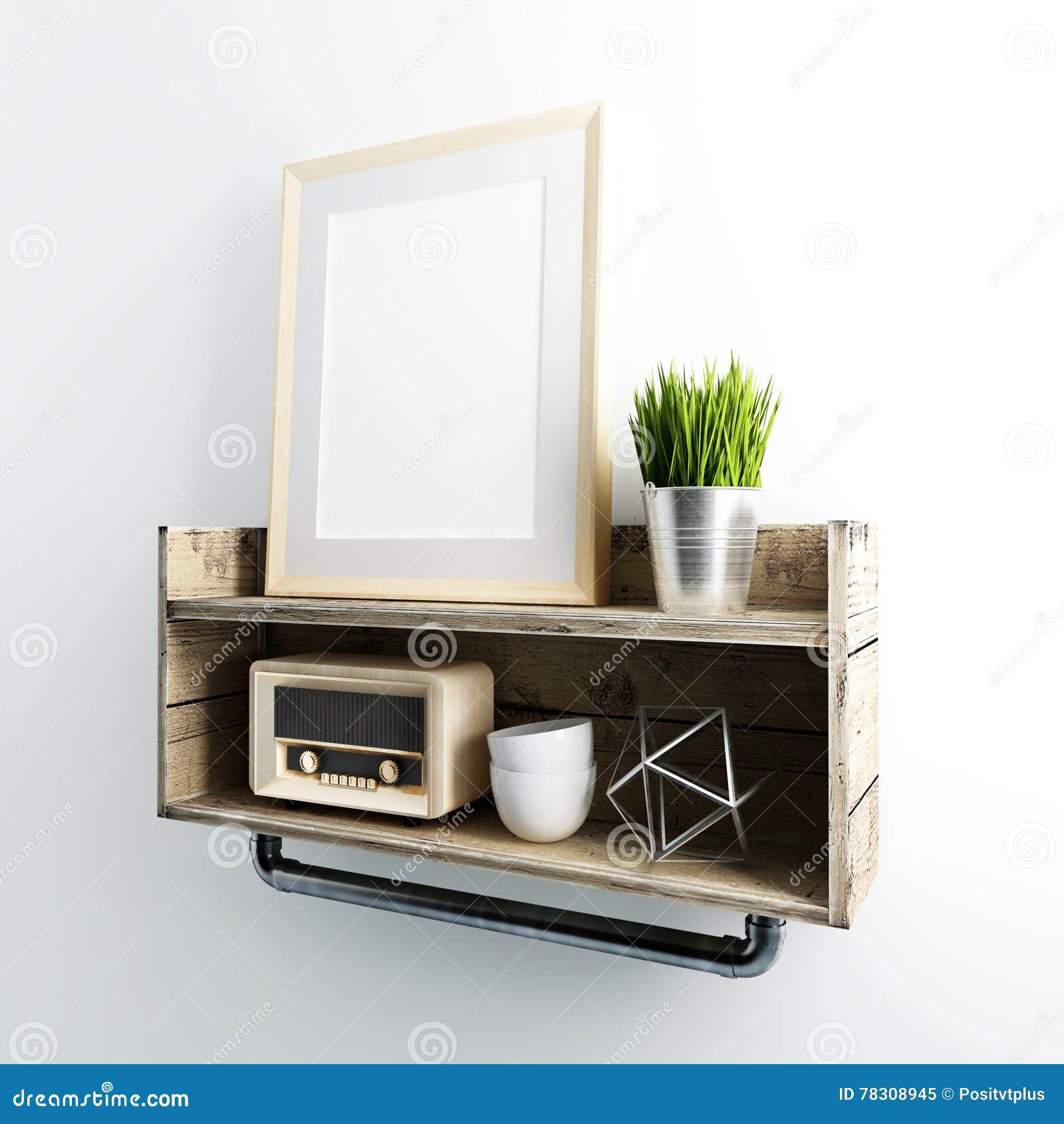 wooden frame hang on industrial style shelve