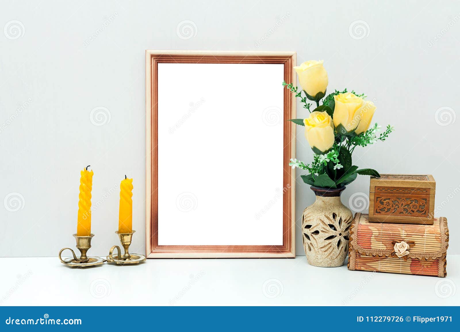 Download A4 Wooden Frame Mockup With Yellow Flowers And Boxes Stock ...