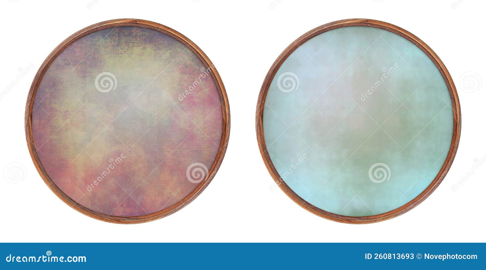 wooden frame. two empty round frames with a creative insert  on a white background. blank frame. signage mockup. old frame
