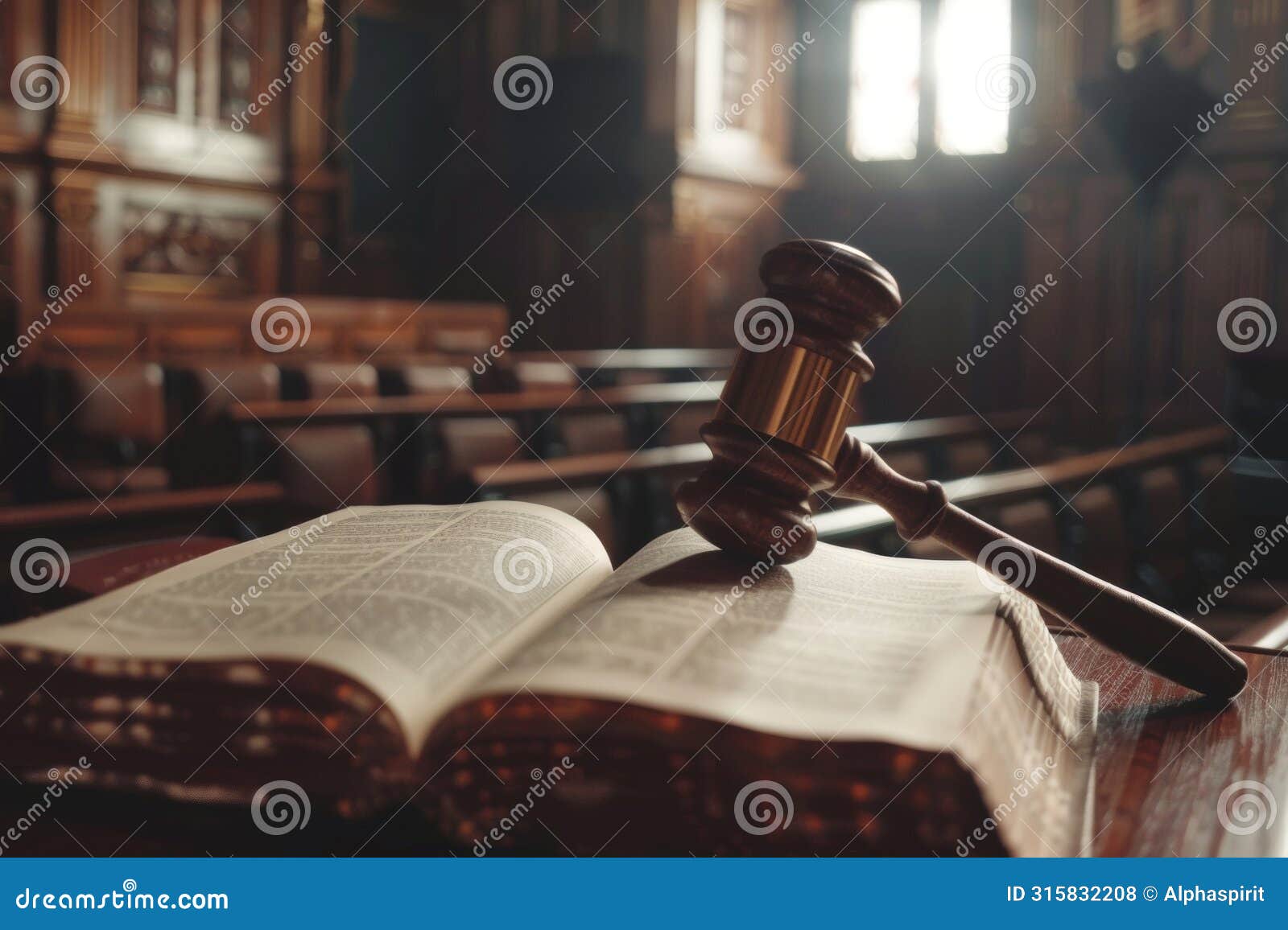 wooden gavel sits on top of an open law book in a courtroom, izing legal authority and justice