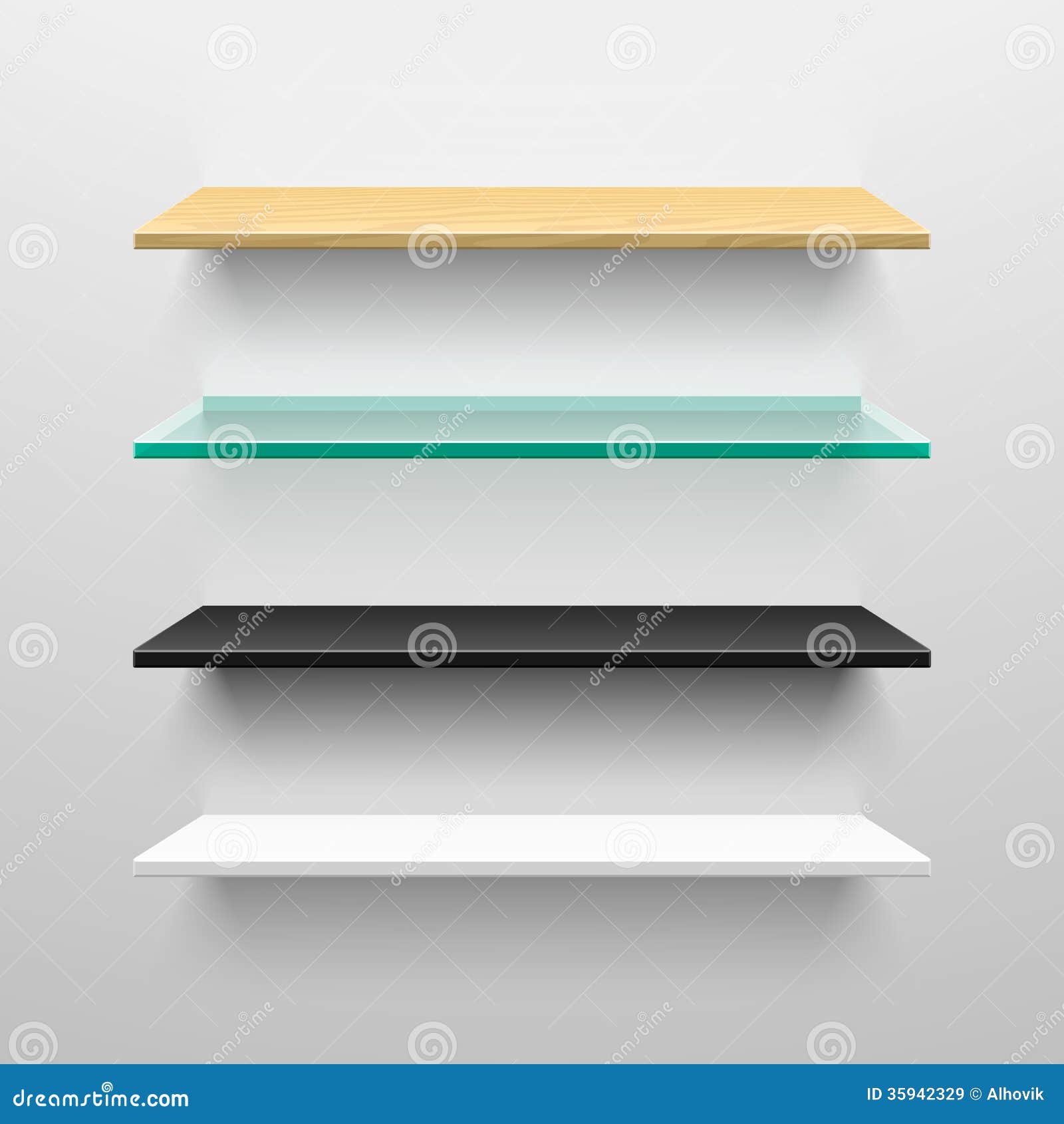 Wooden, Glass, Black And White Shelves Royalty Free Stock Images 