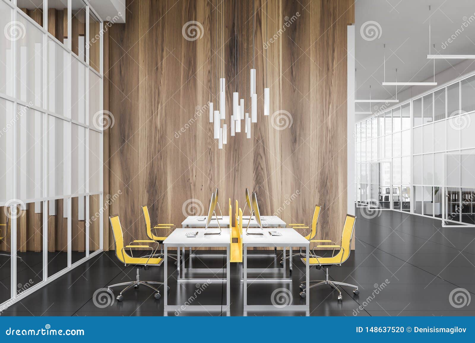 Wooden And Glass Open Space Office Interior Stock