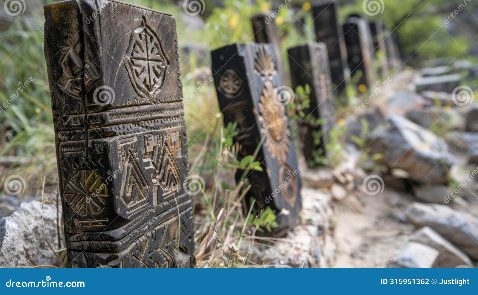 the wooden grave markers are etched with cryptic s and religious engravings adding to the mystery of the cemetery.