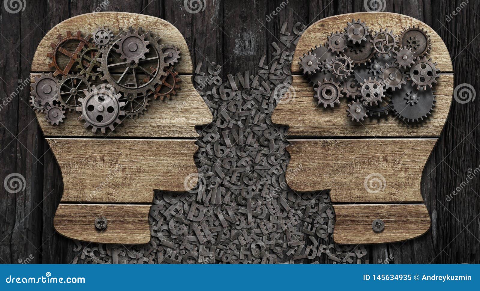 wooden heads with gears. communication concept