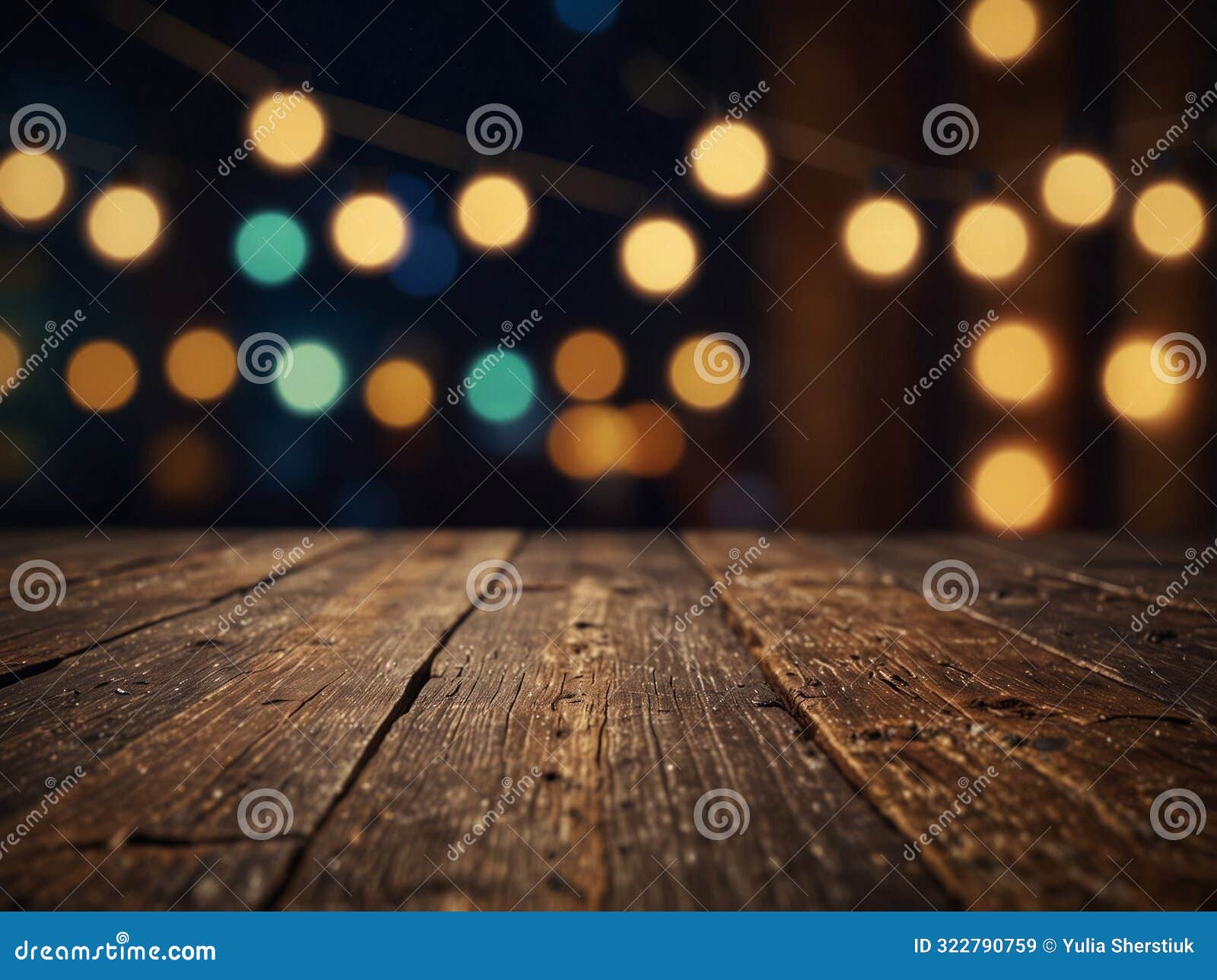 wooden holiday empty table, night view, blurred bokeh lights background.