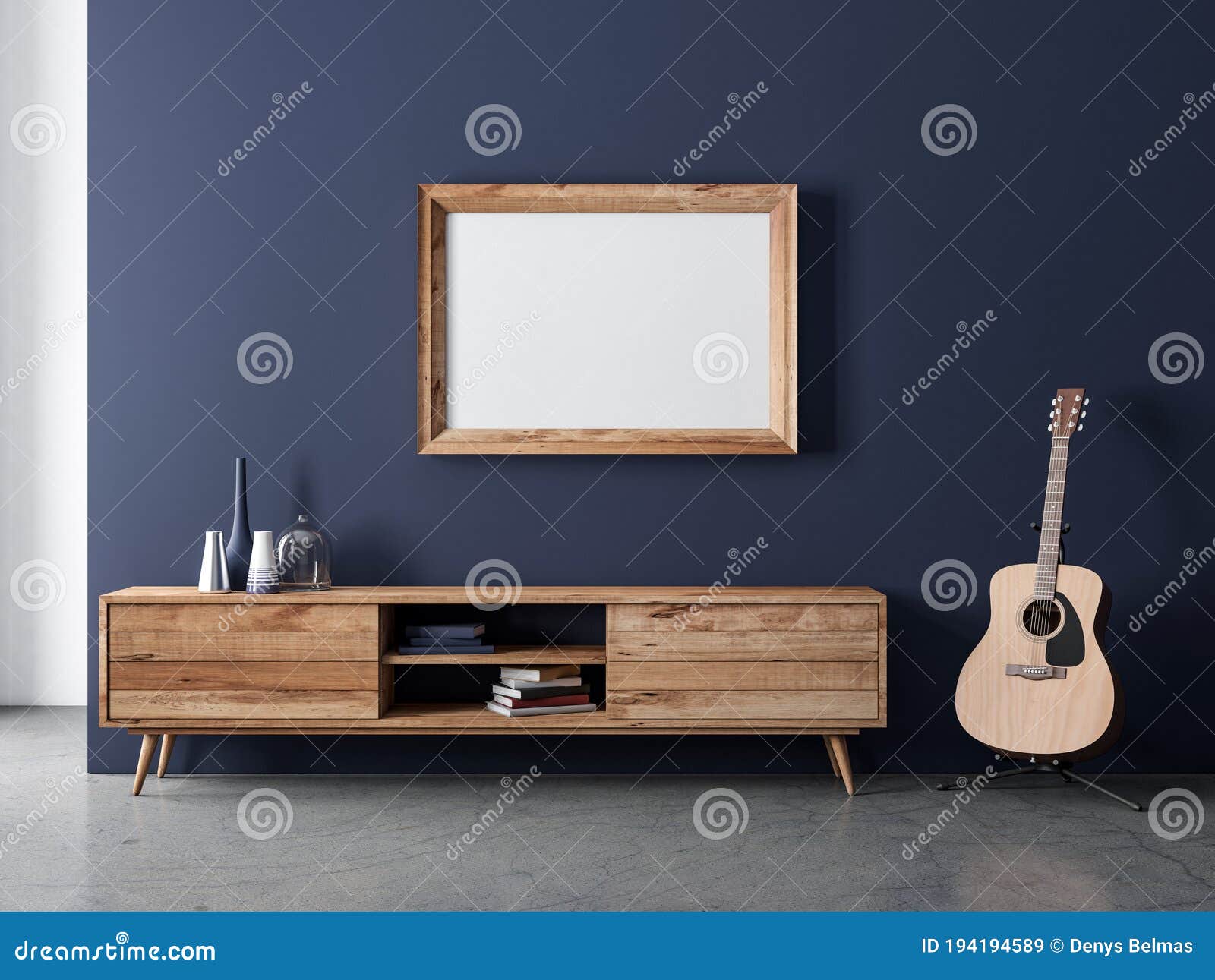 wooden horizontal frame poster mockup hanging on dark blue wall