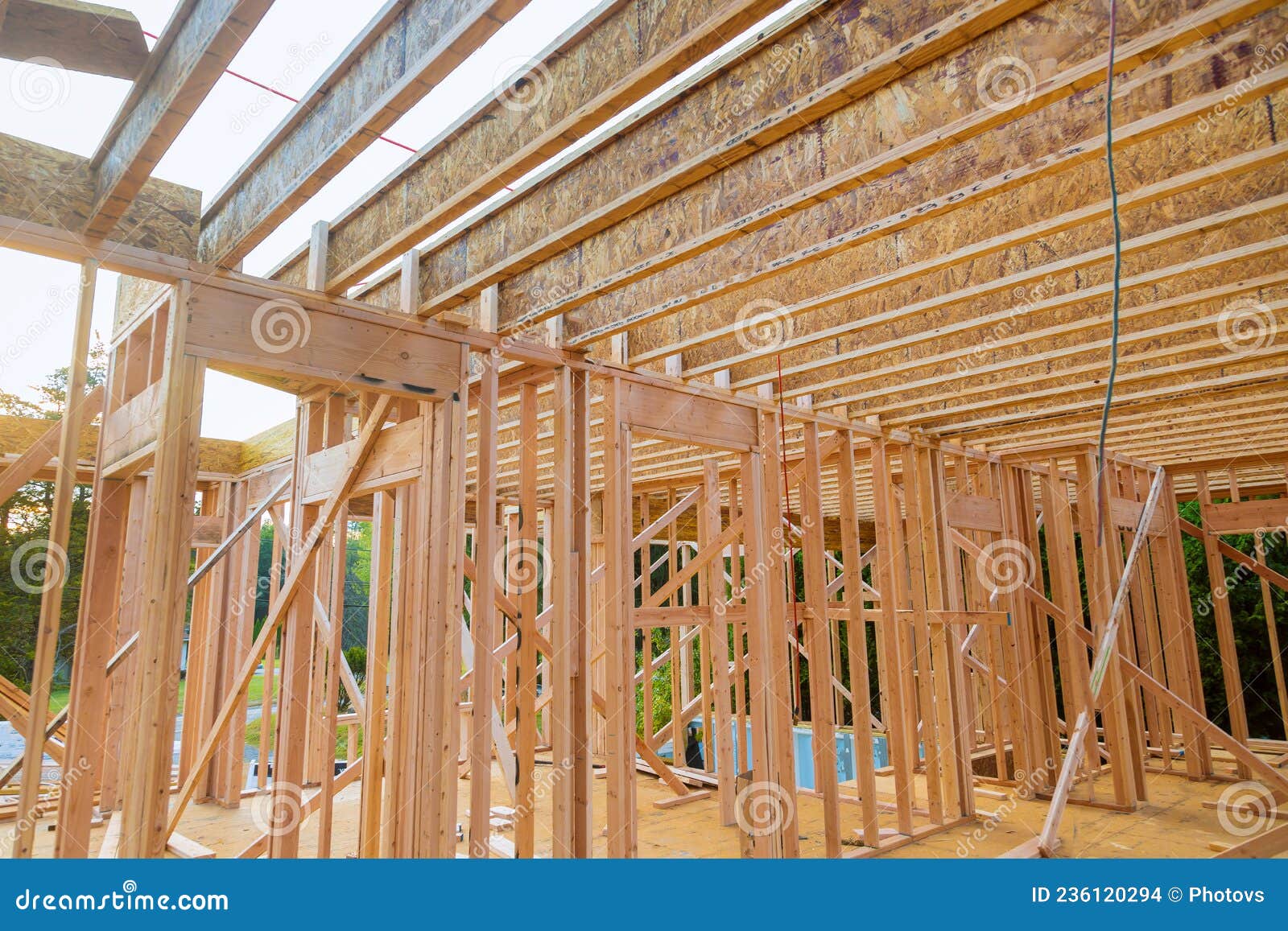 Wooden House Frame Structure on a New Development Stock Photo Image