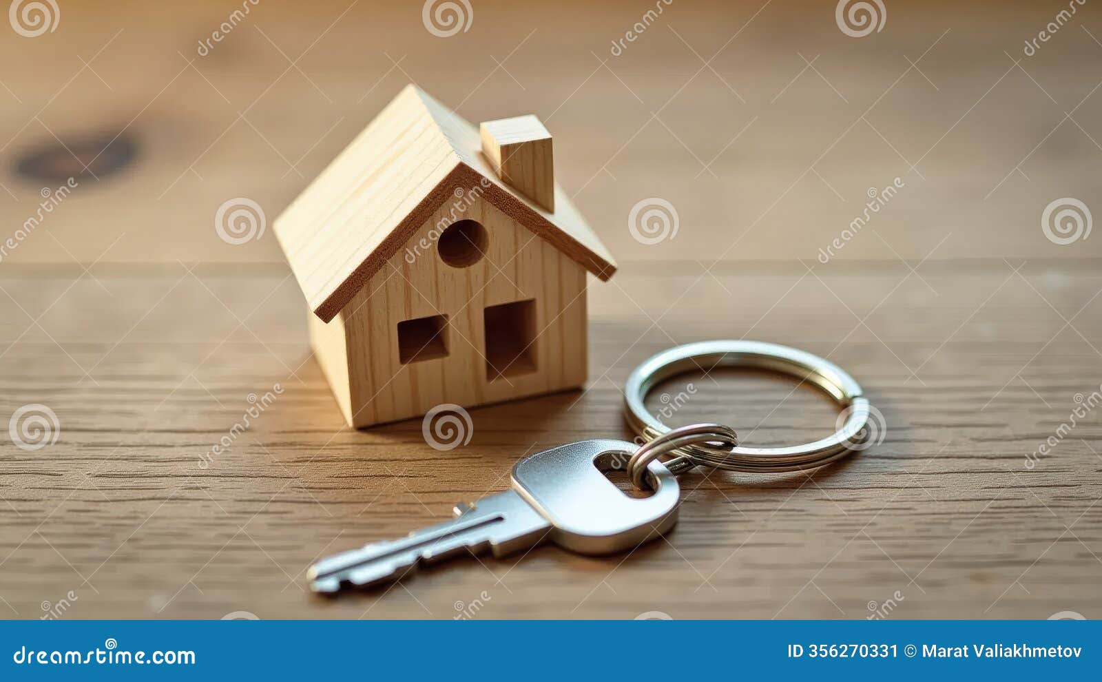 wooden house model with keychain and two keys, homeownership concept