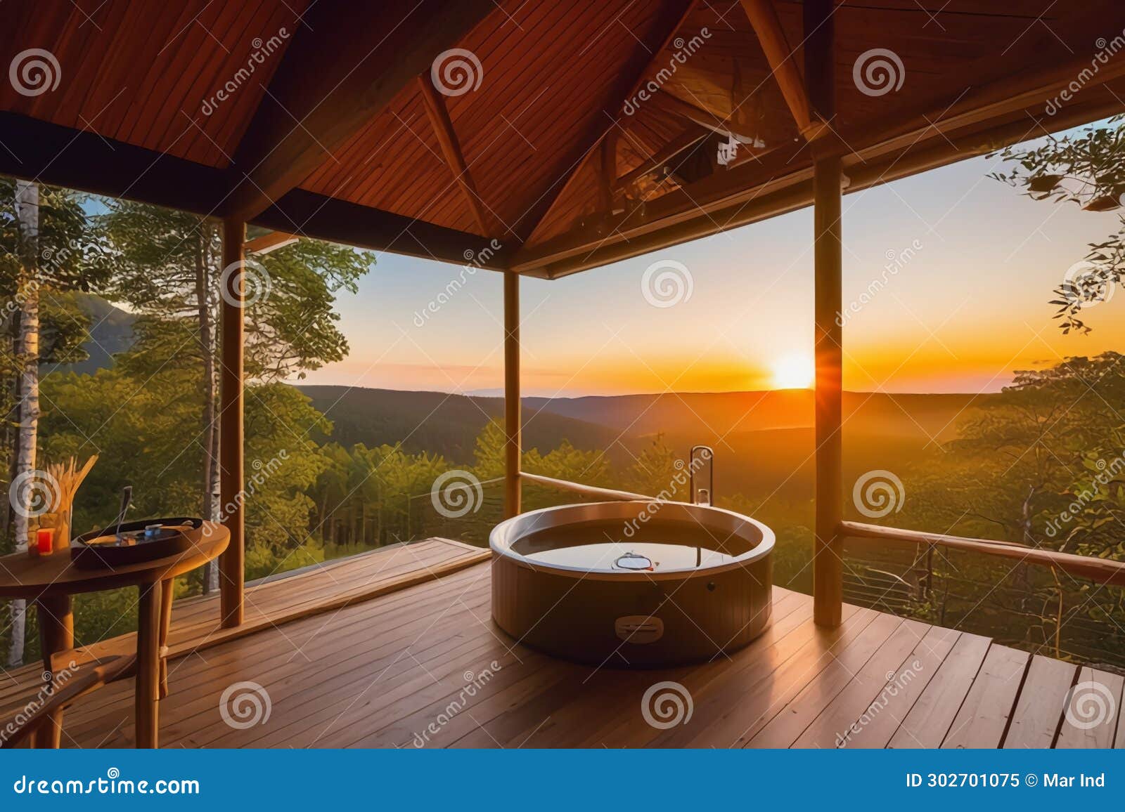 Luxury jacuzzi in the house with a beautiful view of nature, interior Stock  Illustration
