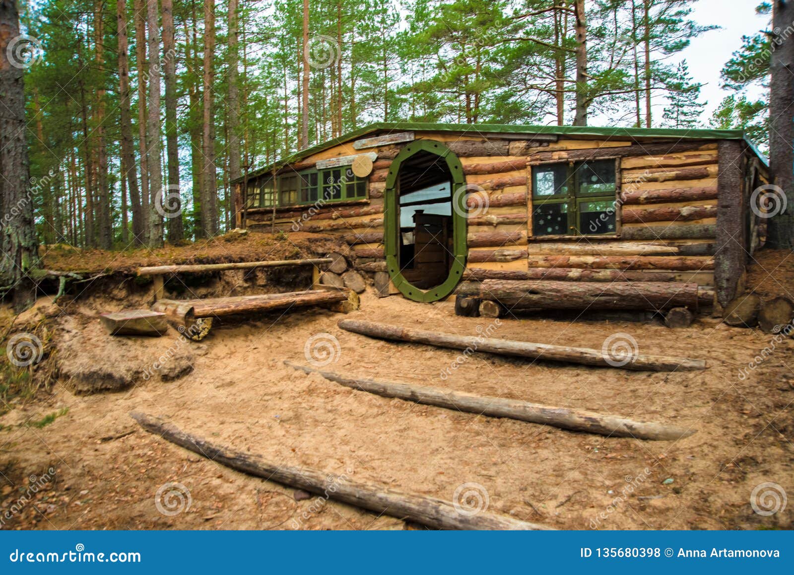 Wooden House With Round Door In The Forest Russia Leningrad Region St Petersburg Stock Photo Image Of Coast Fishing 135680398