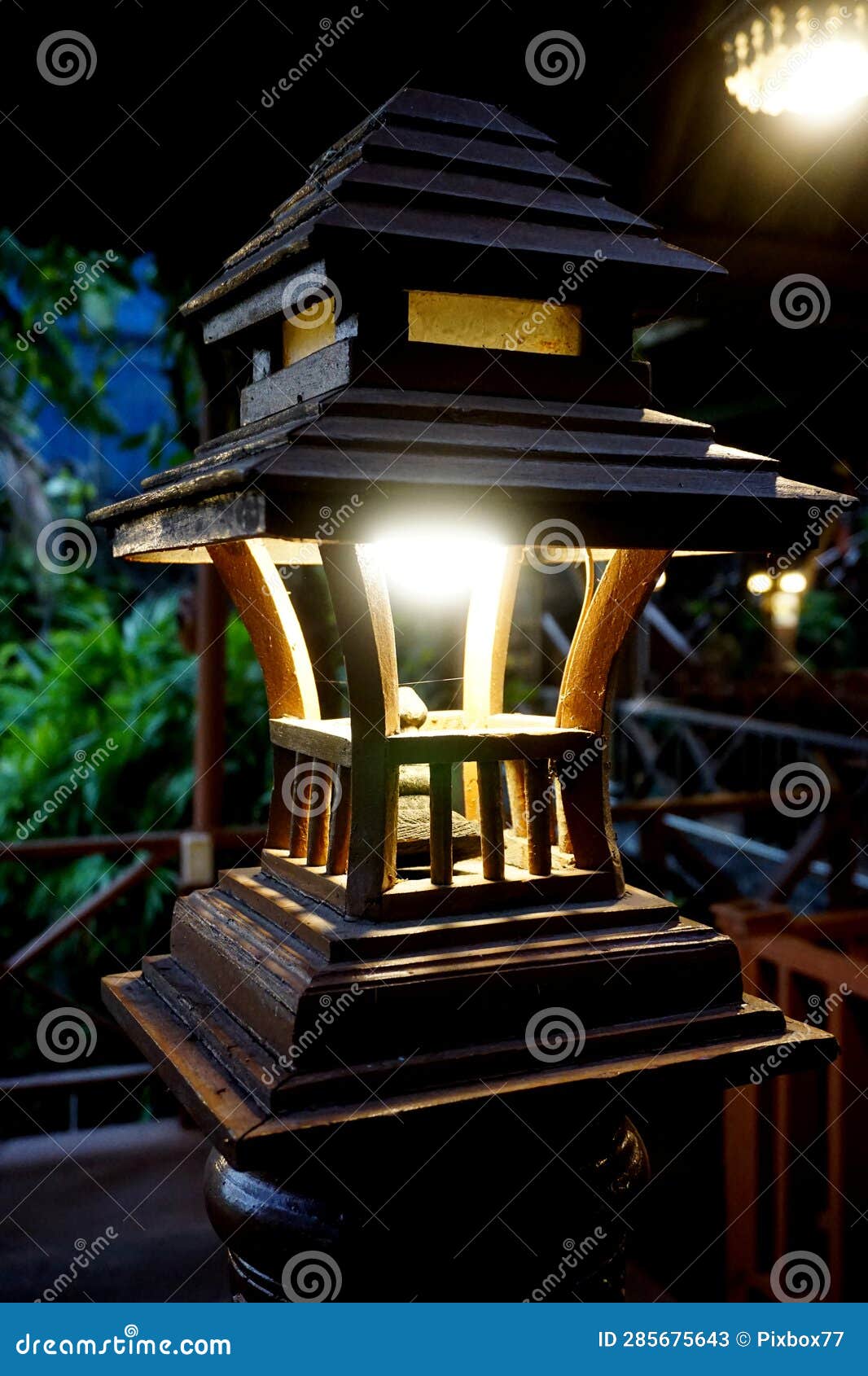 Wooden Lantern with Light Bulb at Baluster Stock Image Image of