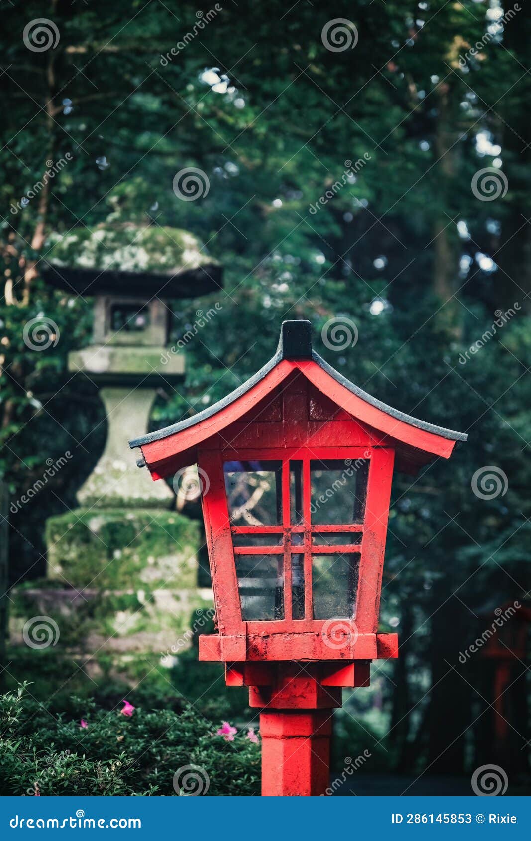 Wooden Lantern and Stone Lantern in Woodland, Japan. the Traditional ...