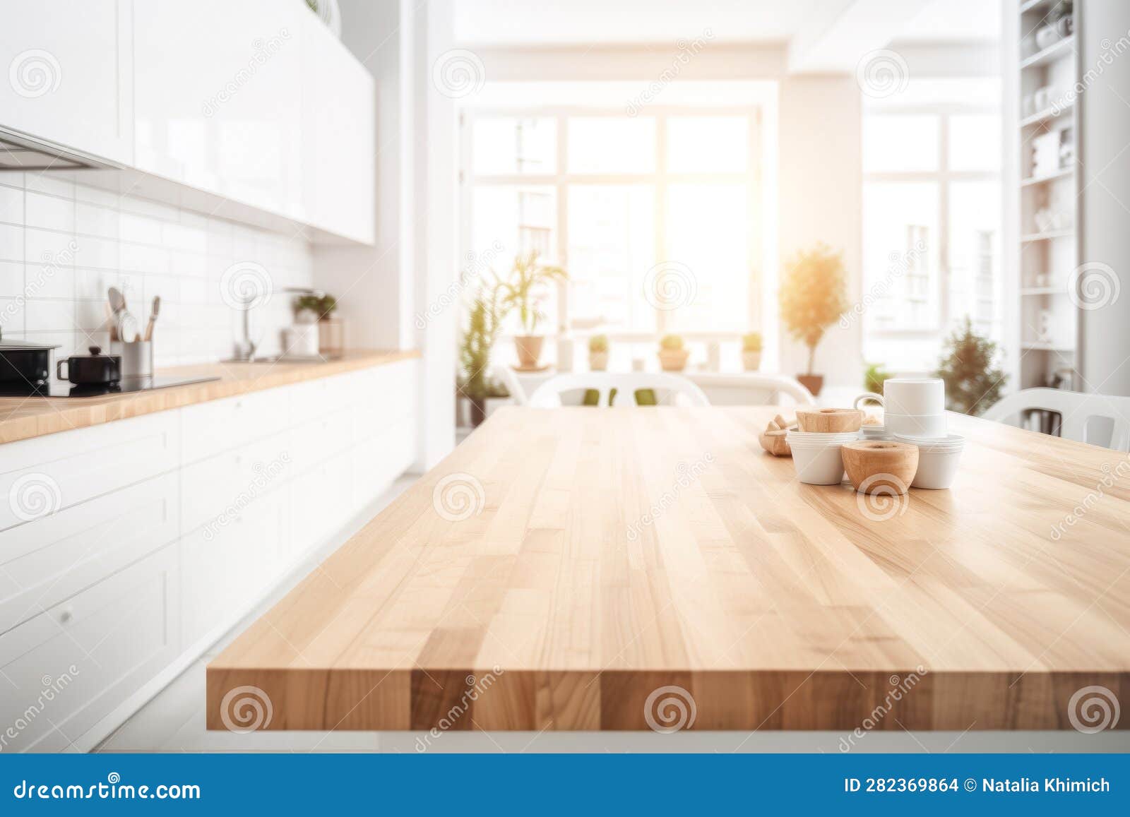 Wooden Light Empty Table Top in Modern White Kitchen, Kitchen Panel in