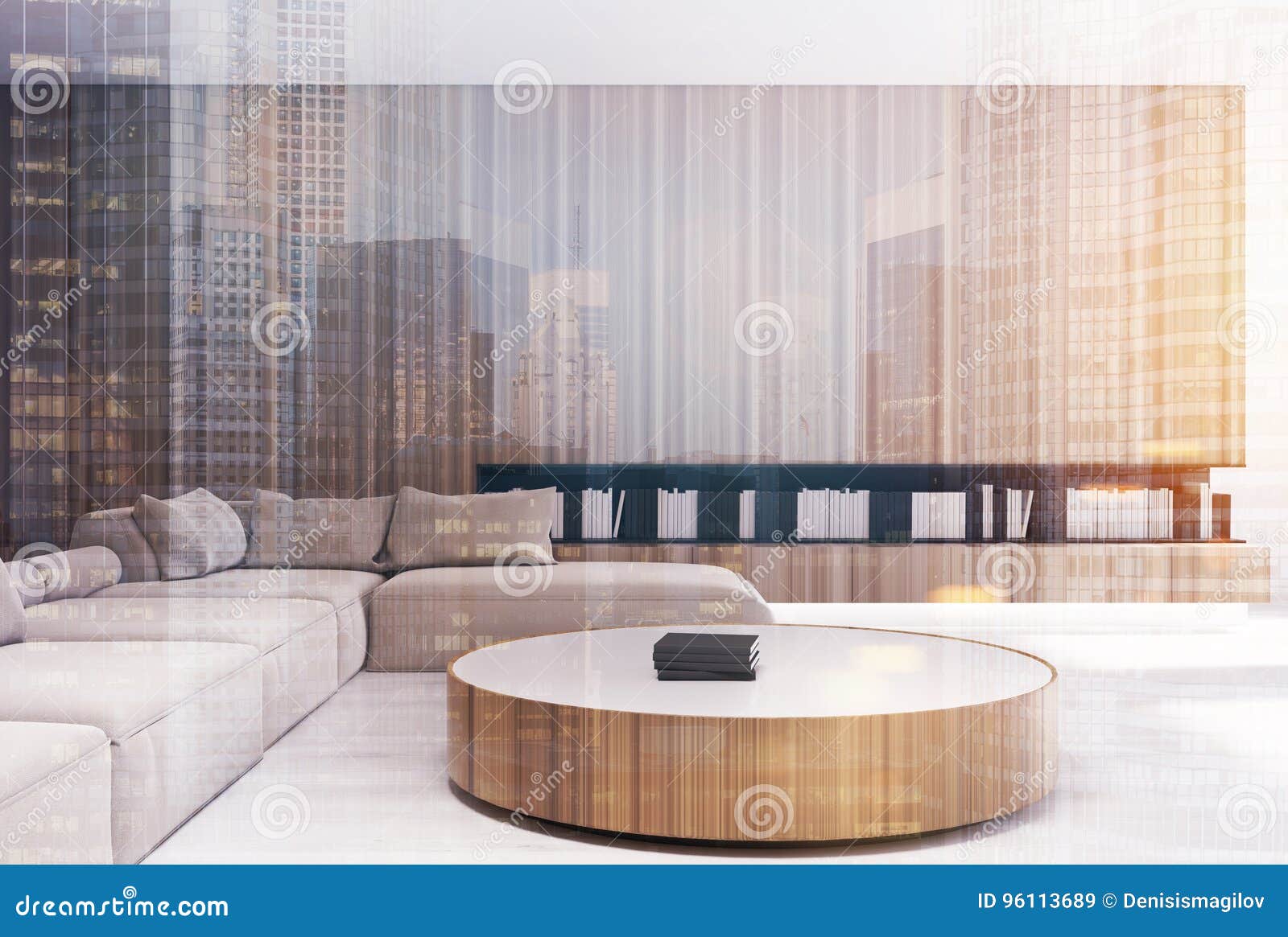 Wooden Living Room Interior Round Table Toned Stock Illustration
