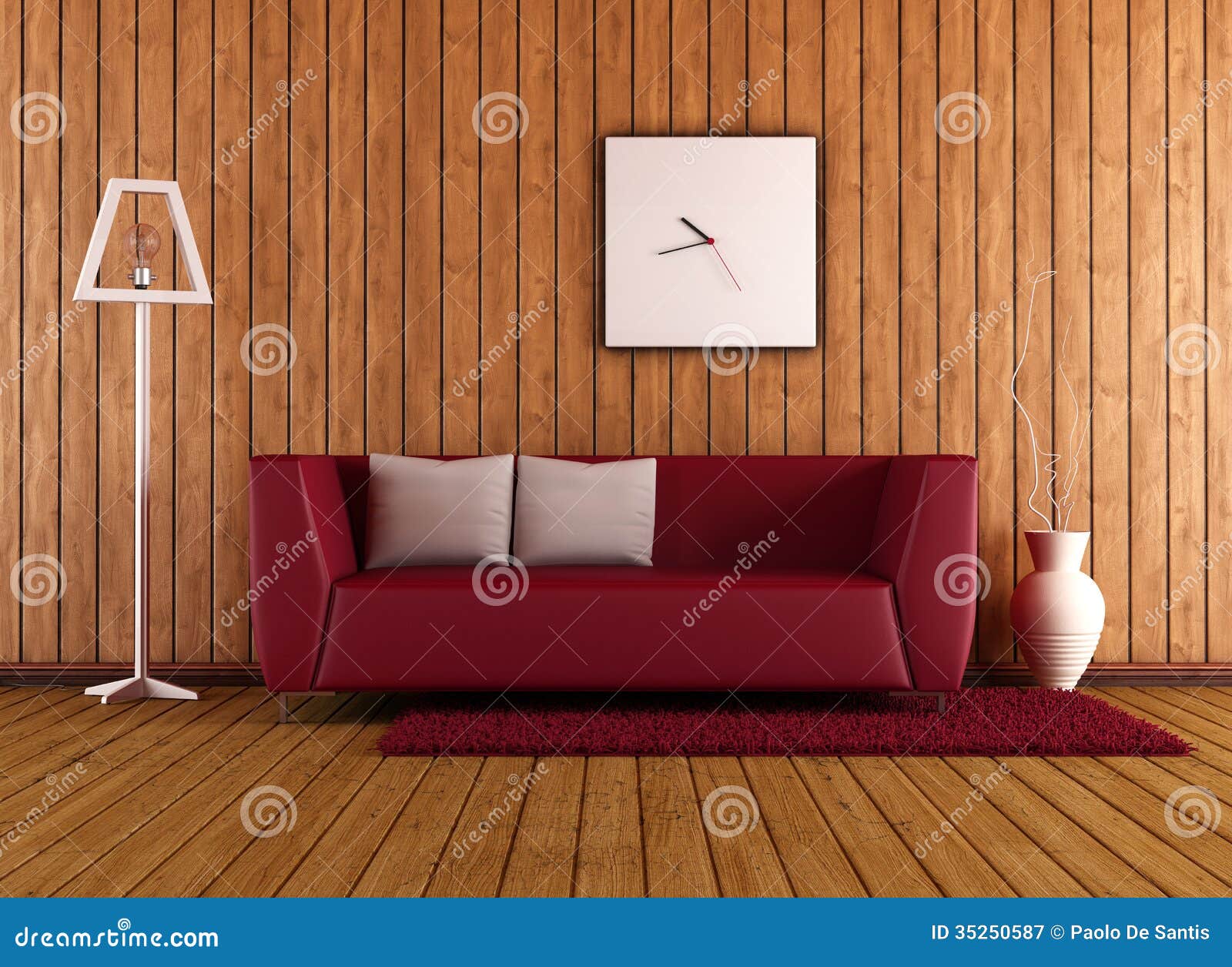 Wooden Living Room With Red Couch Royalty Free Stock Photography