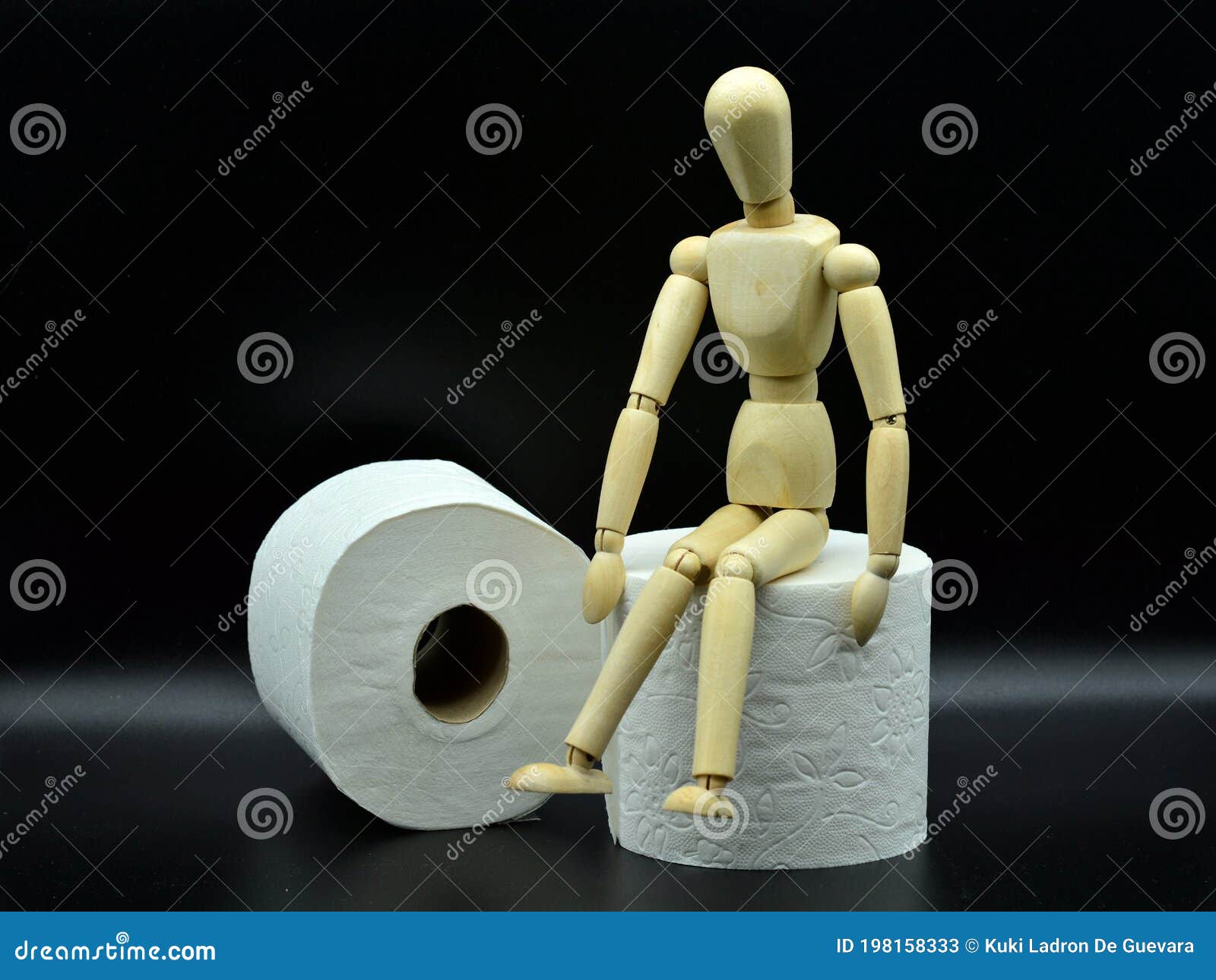 wooden mannequin sitting on a roll of toilet paper