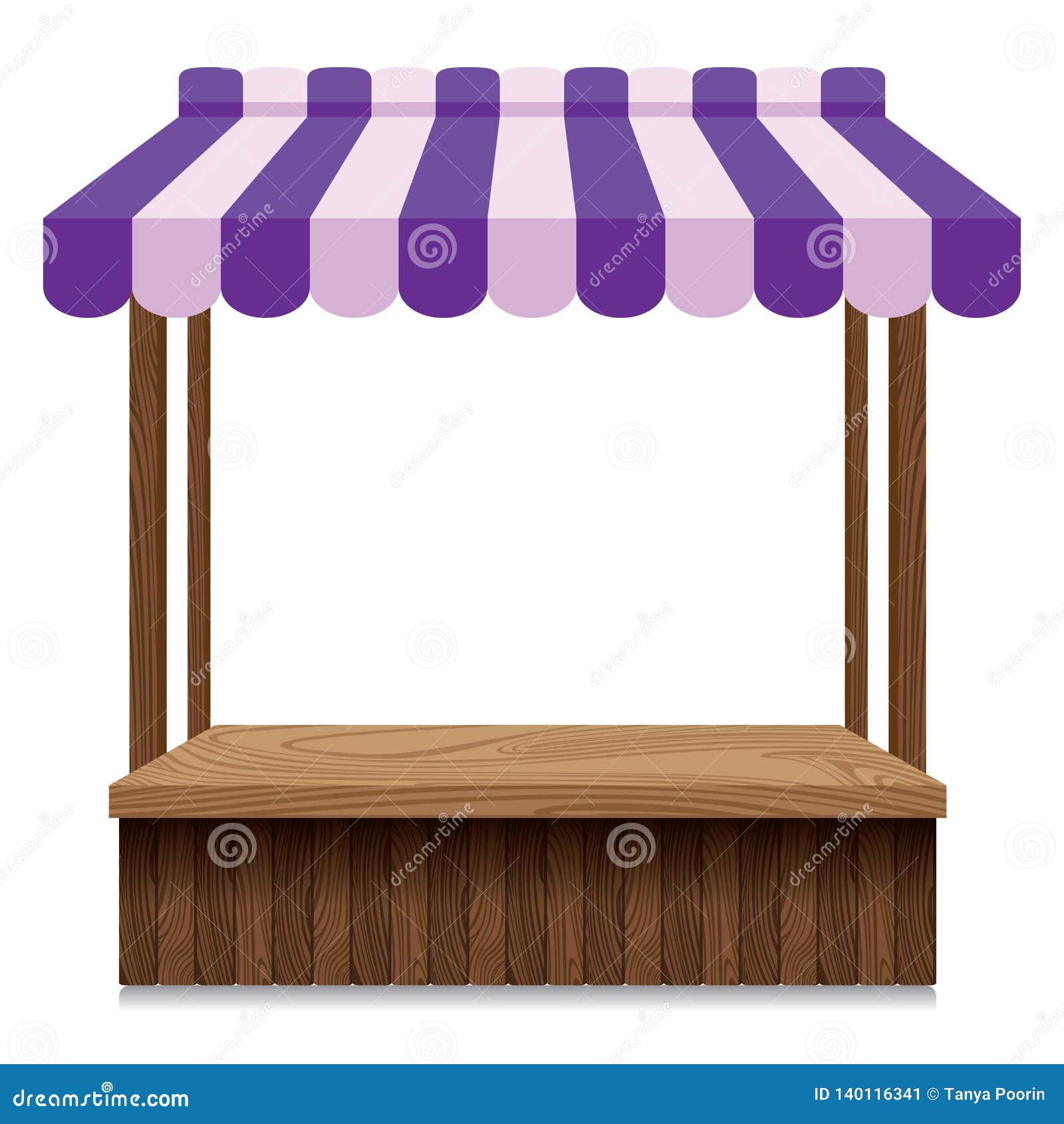 wooden market stall with purple and pink awning.