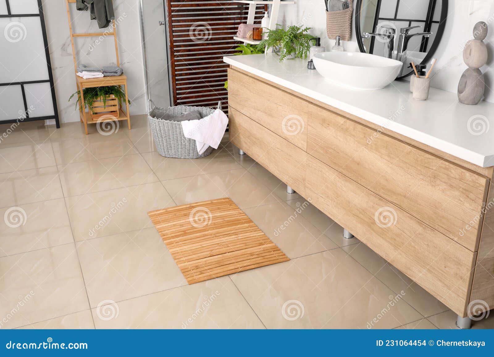 Wooden Mat on Floor in Bathroom. Interior Design Stock Photo - Image of ...
