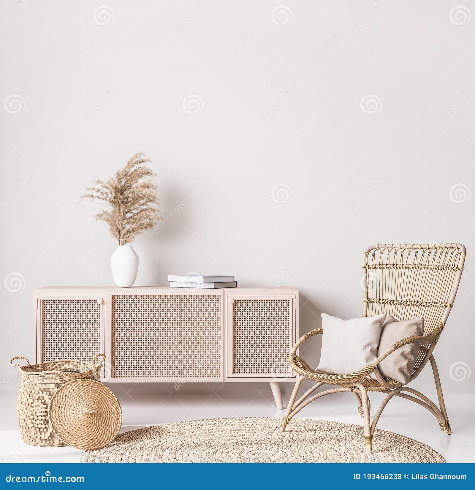 wooden natural furniture in scandinavian living room , interior wall mock up