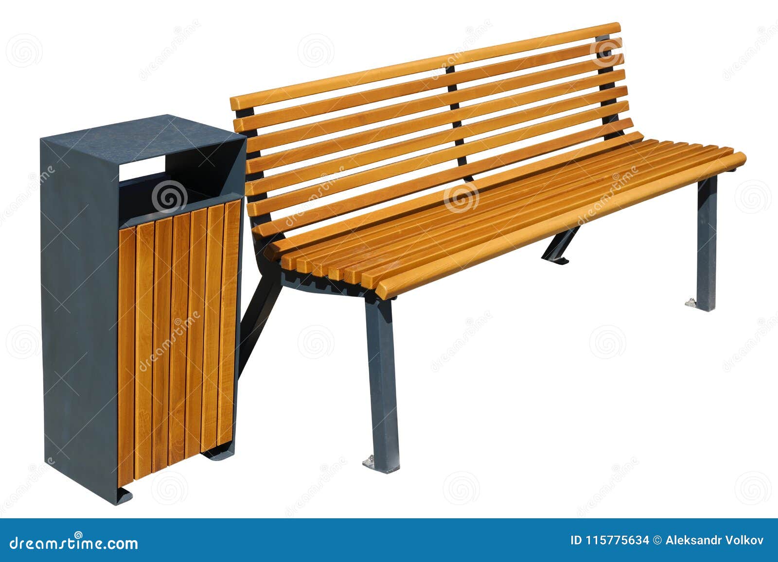 Wooden New Yellow Garden Bench With Metal Legs And Modrn Trash Stock Photo Image Of Garden