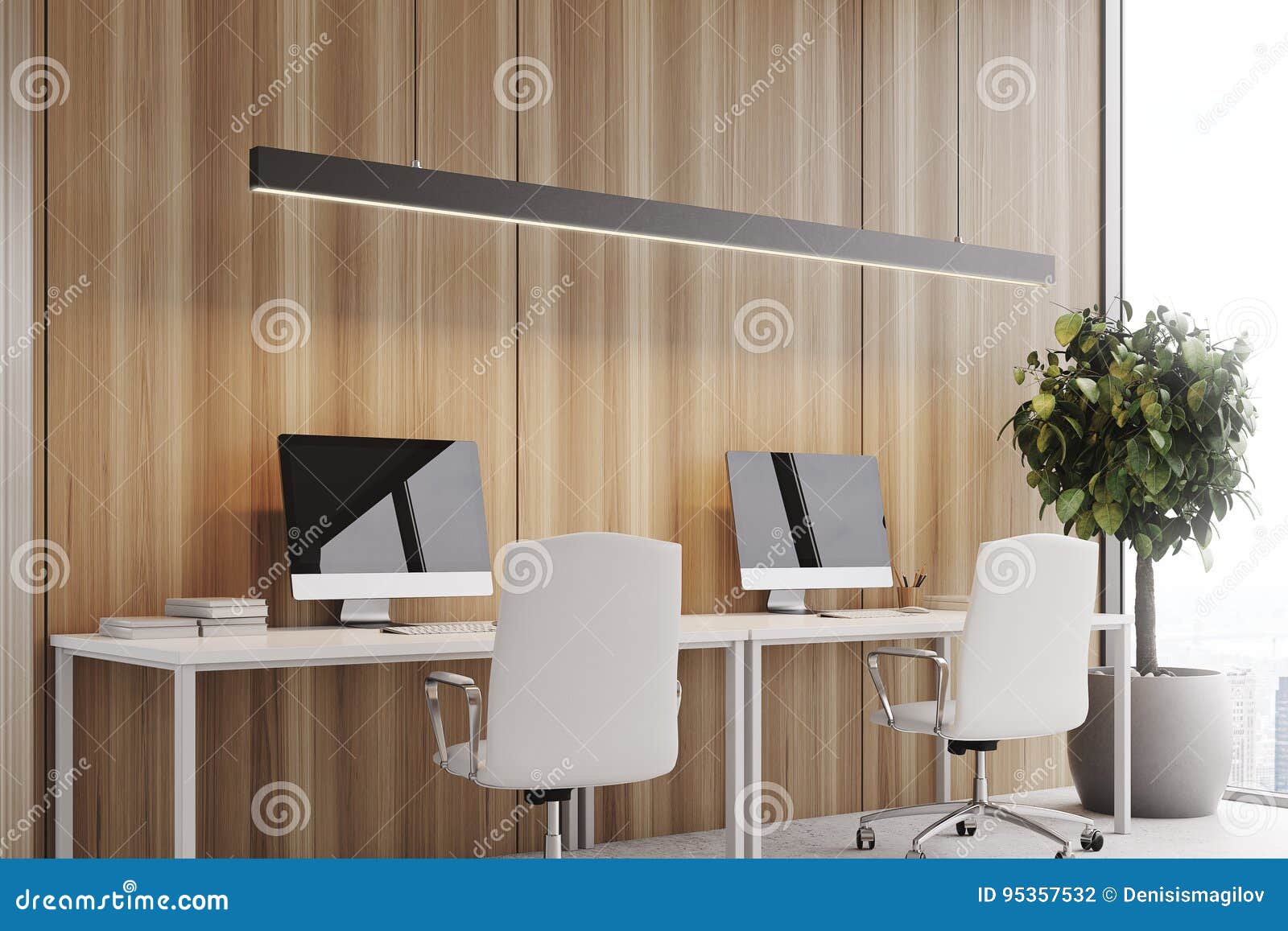 Wooden Office Two Computers Side Stock Illustration