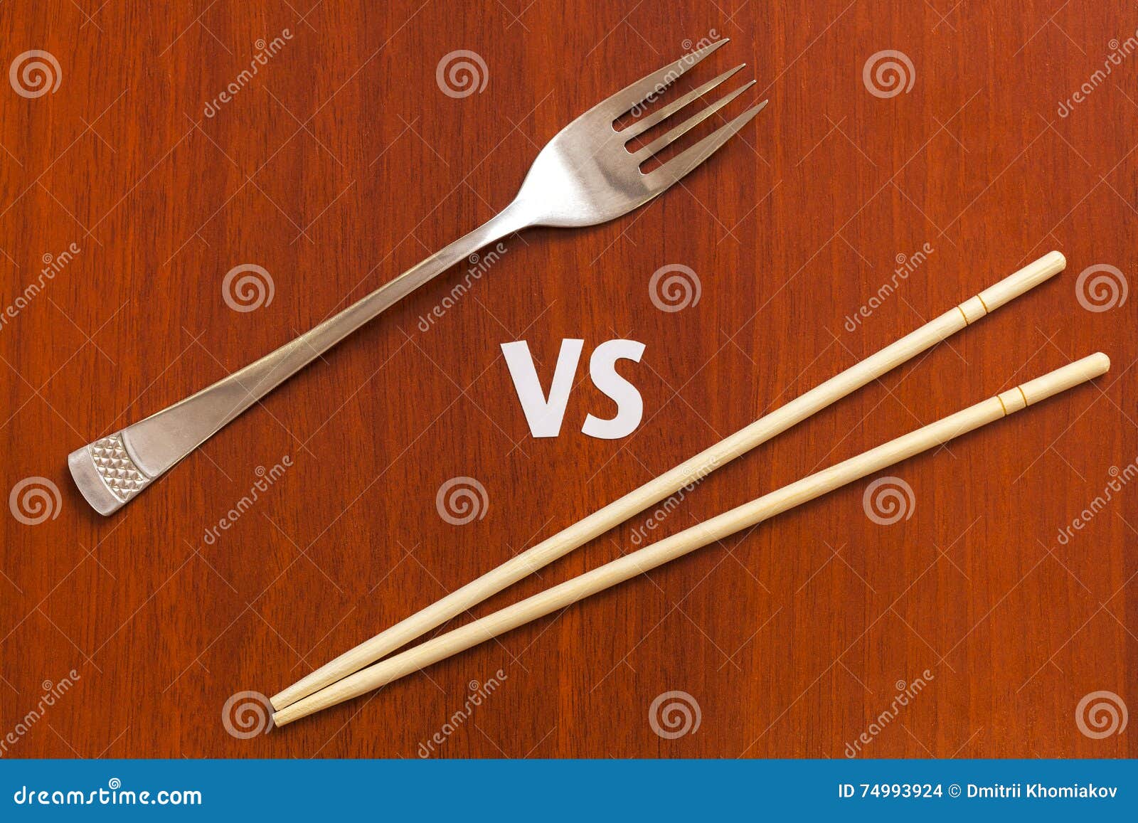 Wooden Pairs of Chopsticks Vs Fork. Abstract Conceptual Image Stock