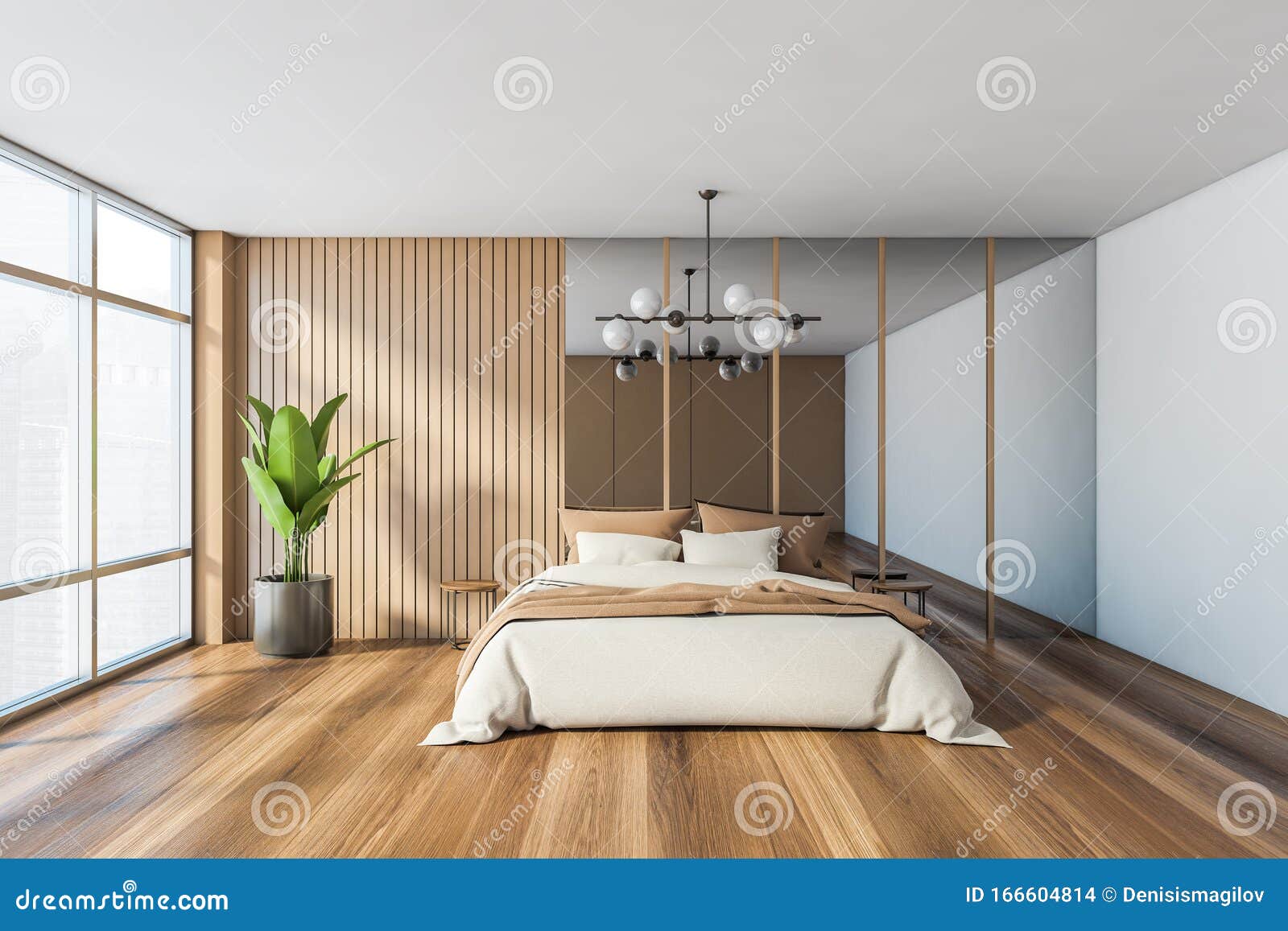 images Big Mirror For Bedroom Wall https www dreamstime com wooden panoramic master bedroom mirror interior white walls floor comfortable king size bed big d rendering image166604814