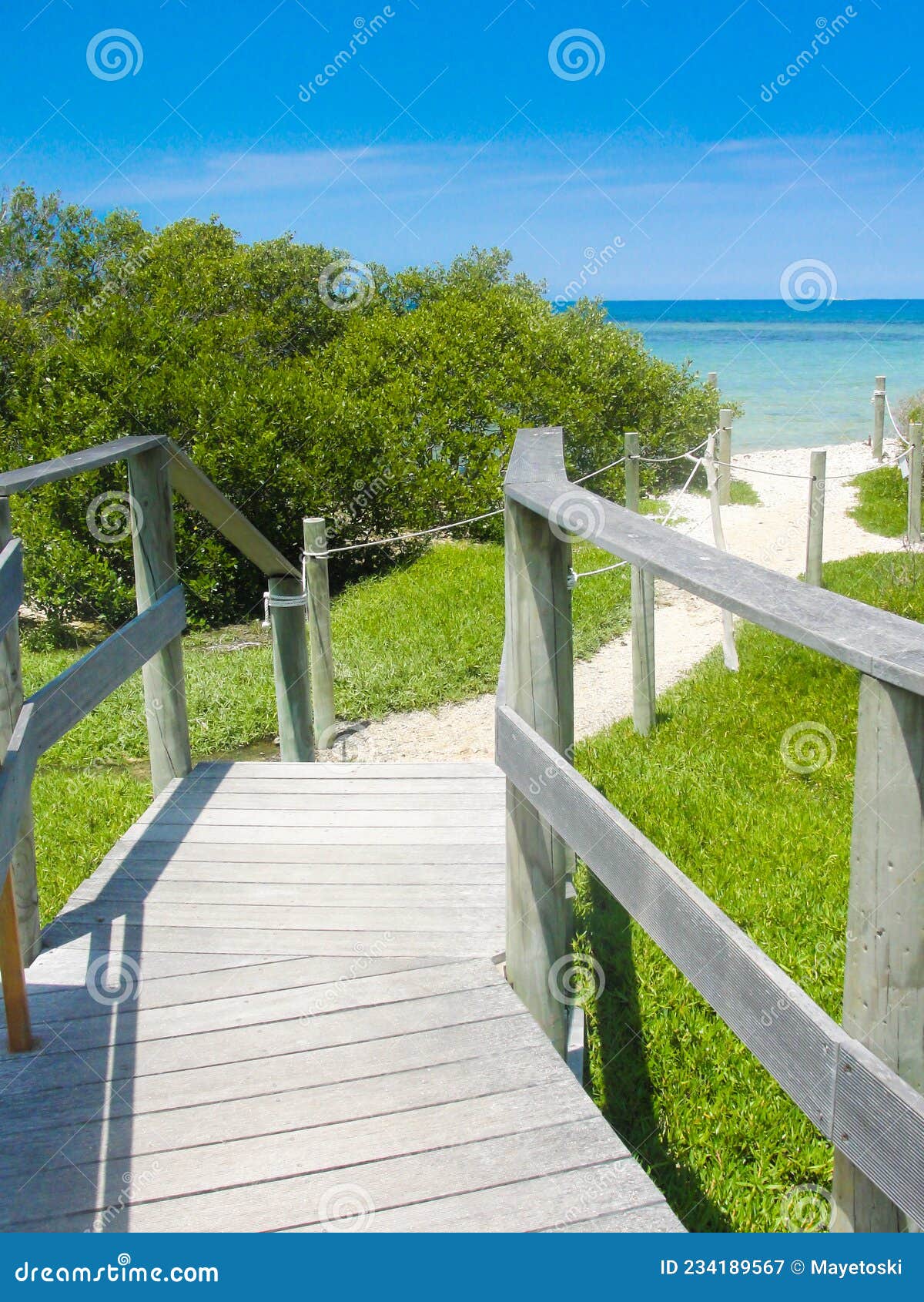wooden pathway in white sand beach