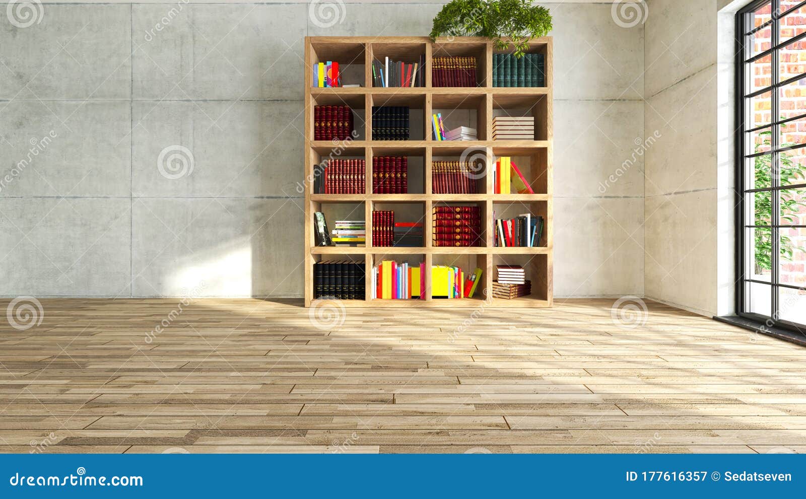wooden personal book in empty room with concrete walls 3d rendering