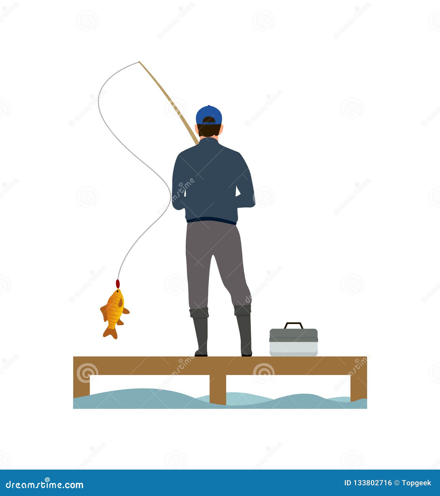 Wooden Placing and Fisher Catching a Fish Banner Stock Vector ...