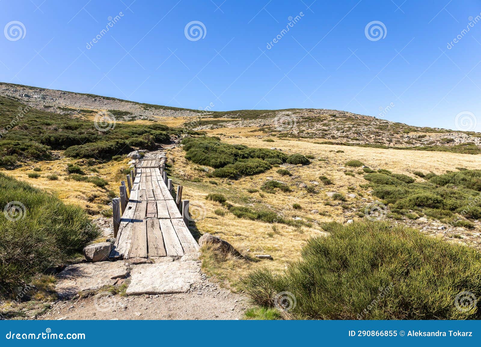 wooden platforms trail to the laguna grande de gredos in sierra de gredos mountains, spain