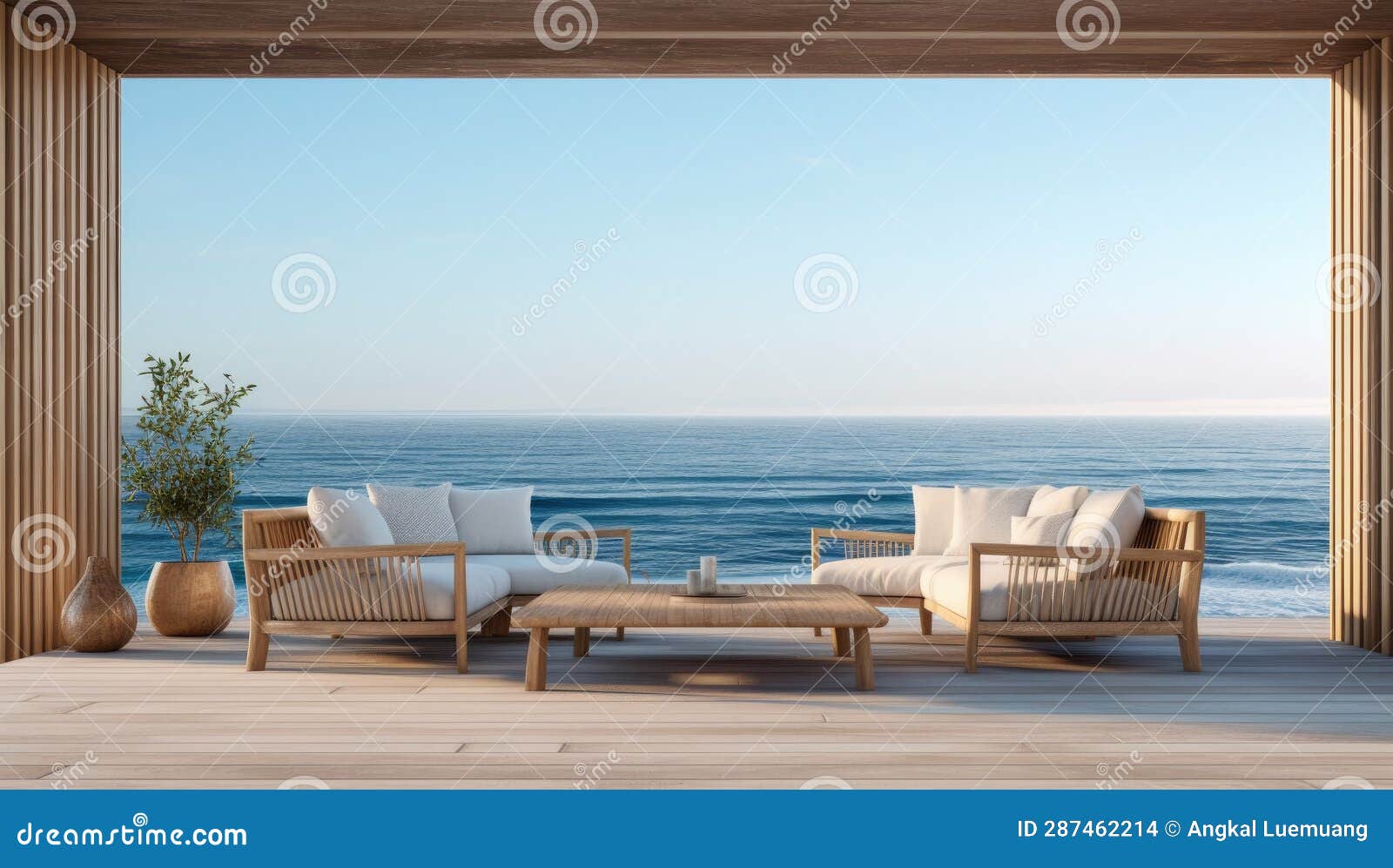 Wooden Porch with Couches and View of the Ocean Stock Illustration