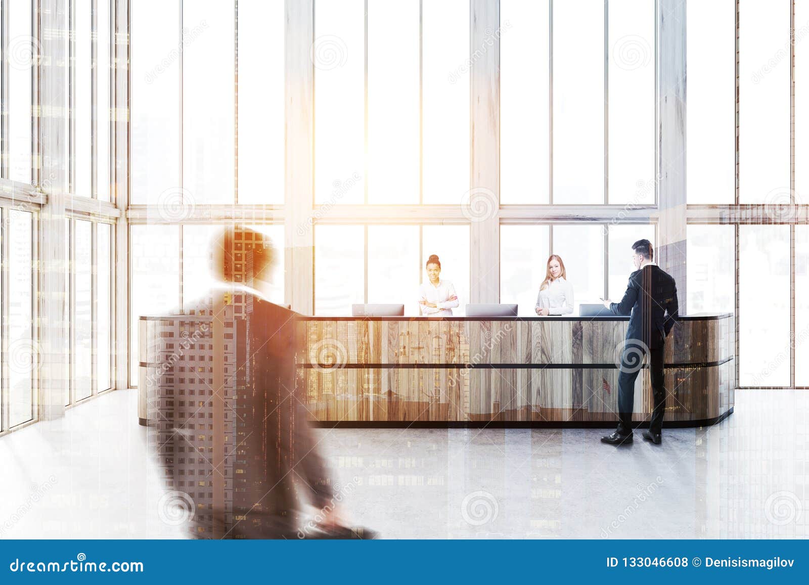 Wooden Reception Desk In Loft Office People Stock Photo Image