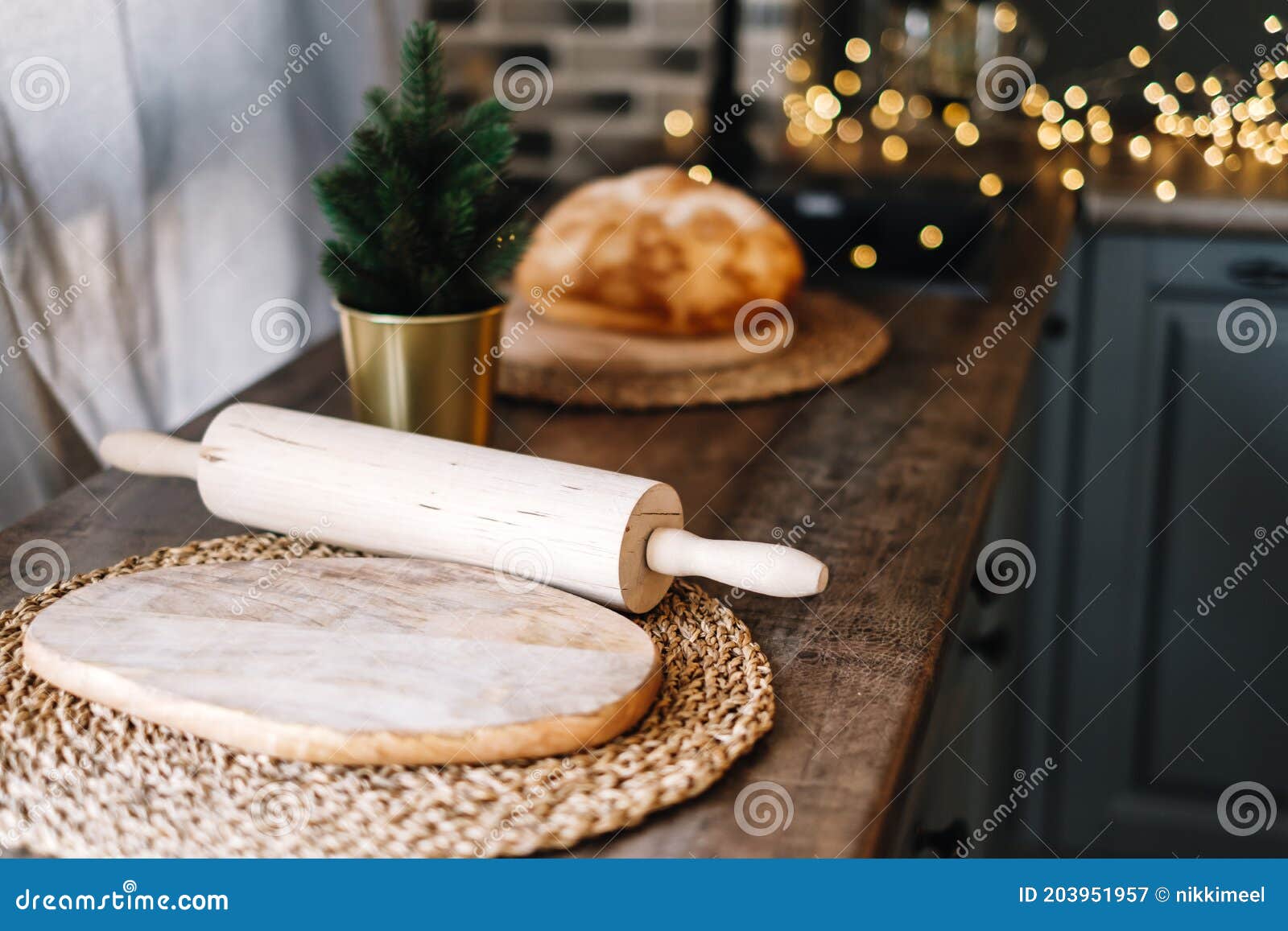 Wooden Rolling Pin on the Kitchen Table Stock Image Image of merry