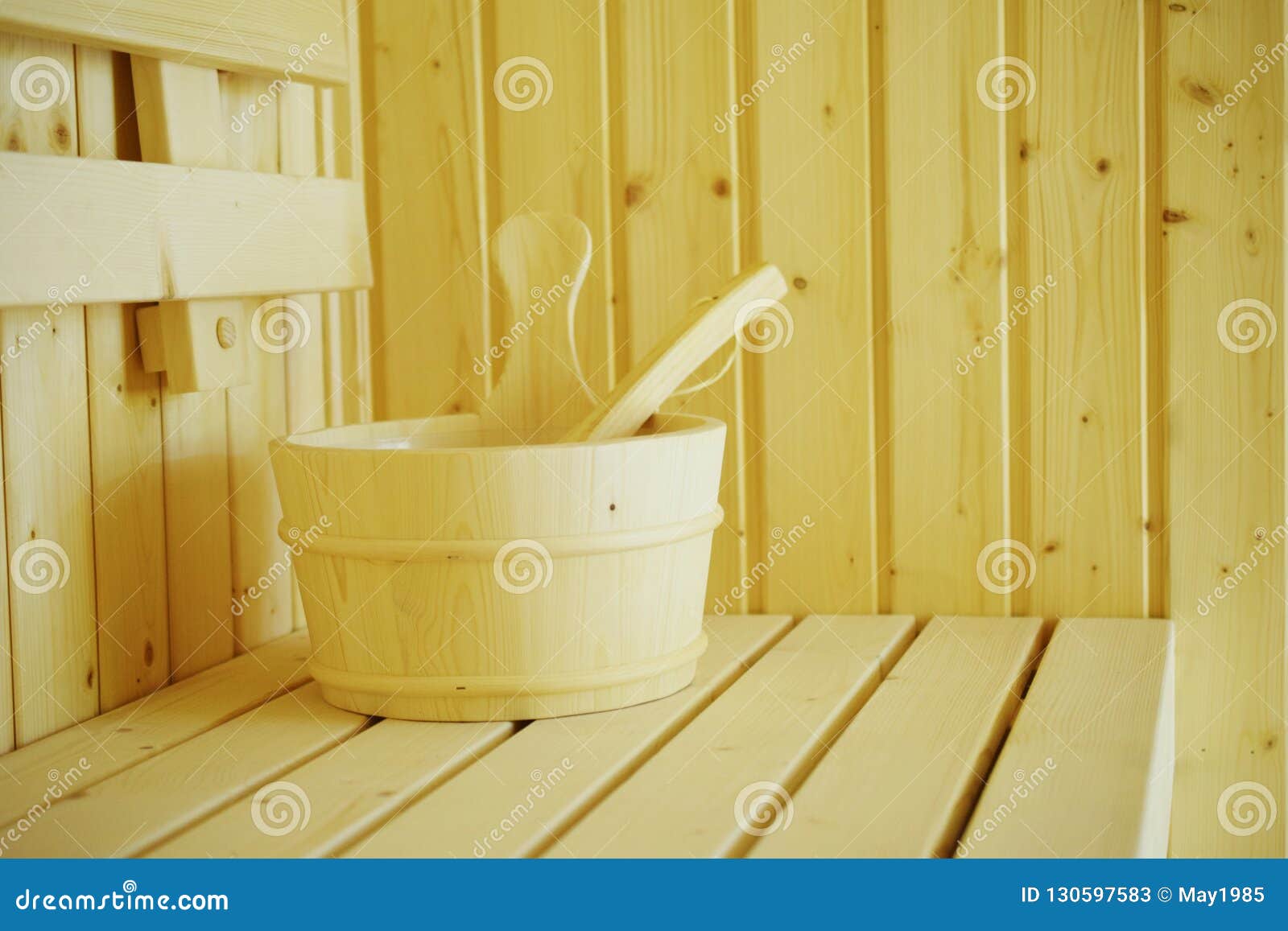 Wooden Sauna Bucket Accessories Interior of Sauna Spa Stock Image