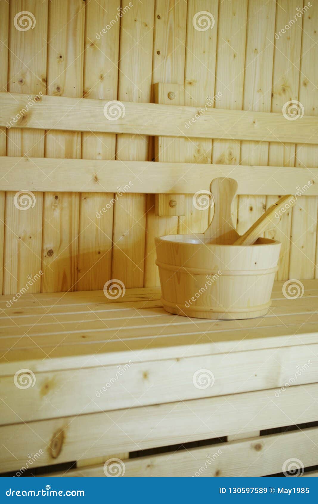 Wooden Sauna Bucket Accessories Interior of Sauna Spa Stock Image