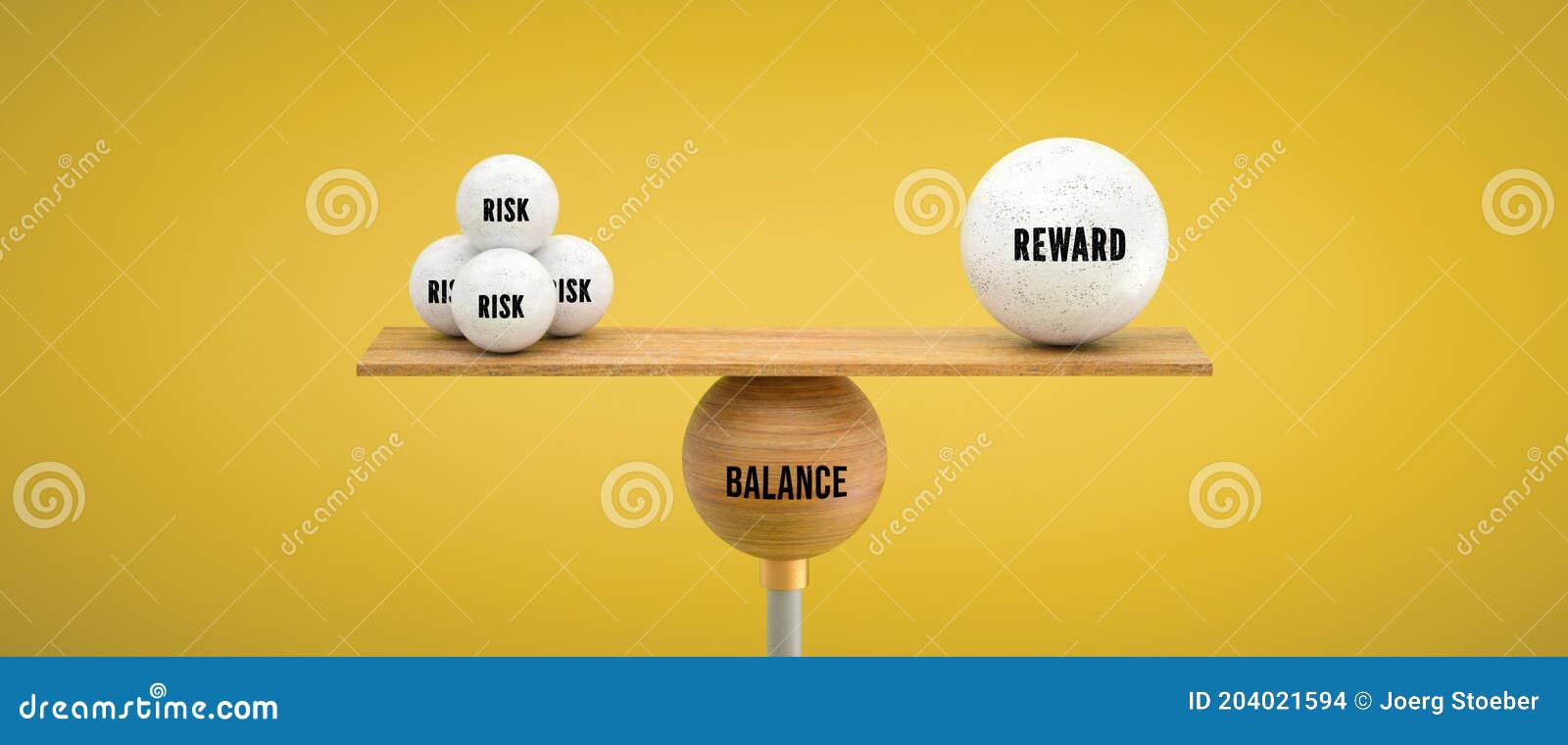 wooden scale balancing one big ball and four small ones with message risk, reward and balance - 3d 