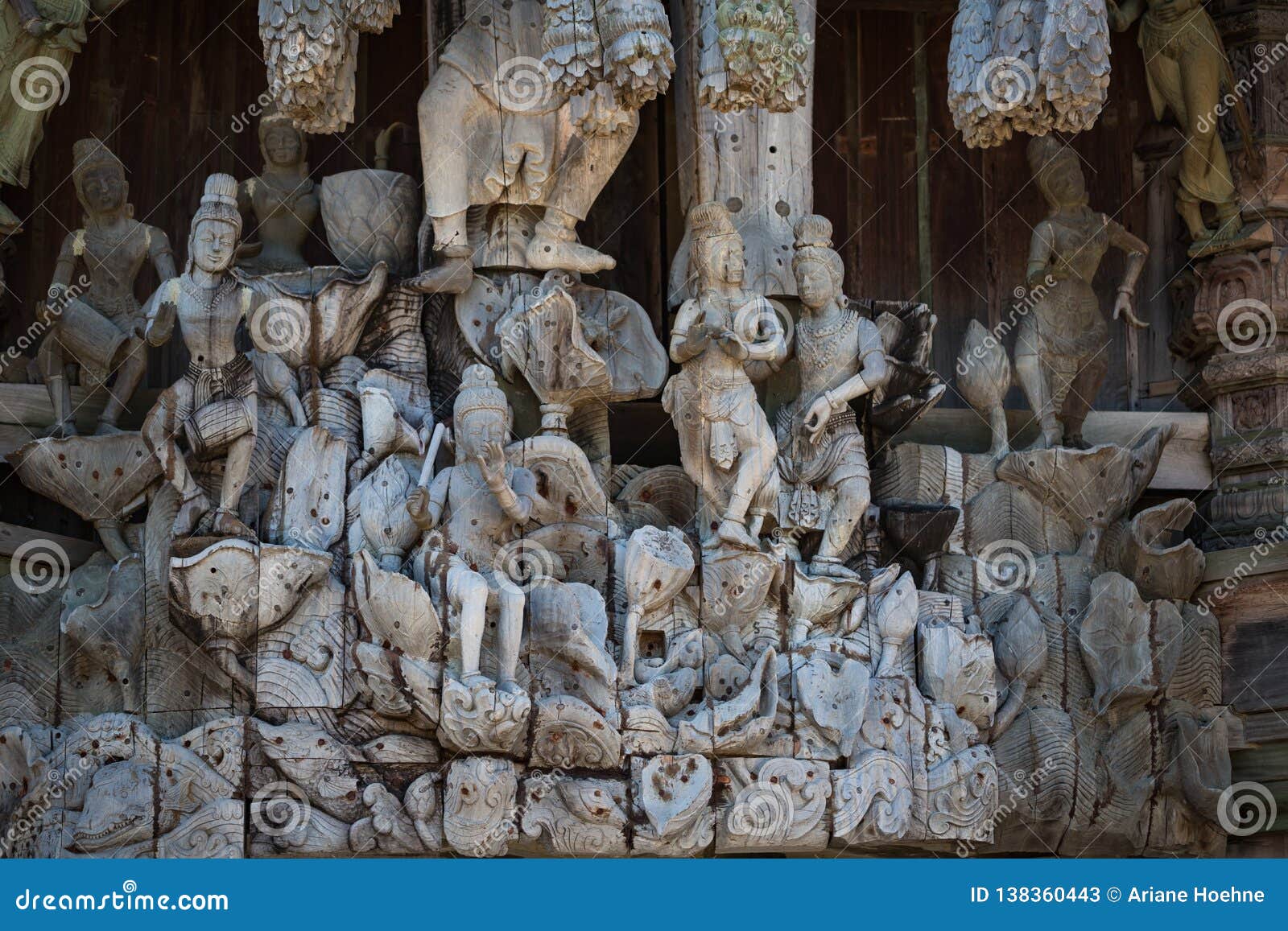 wooden sculpturers at pattaya sanctuary of truth in thailand