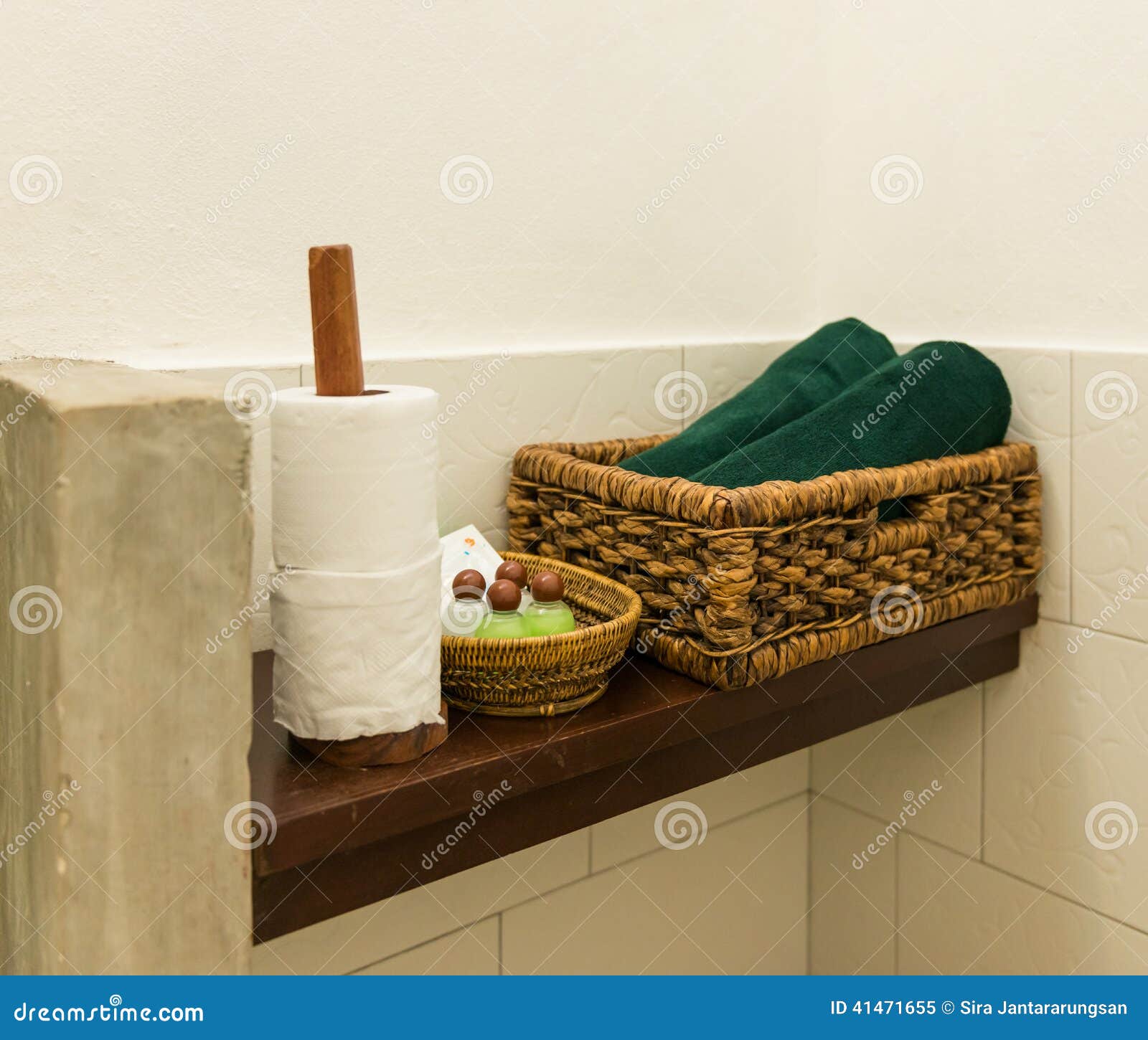 Wooden Shelves in Bathroom stock image. Image of shampoo 41471655