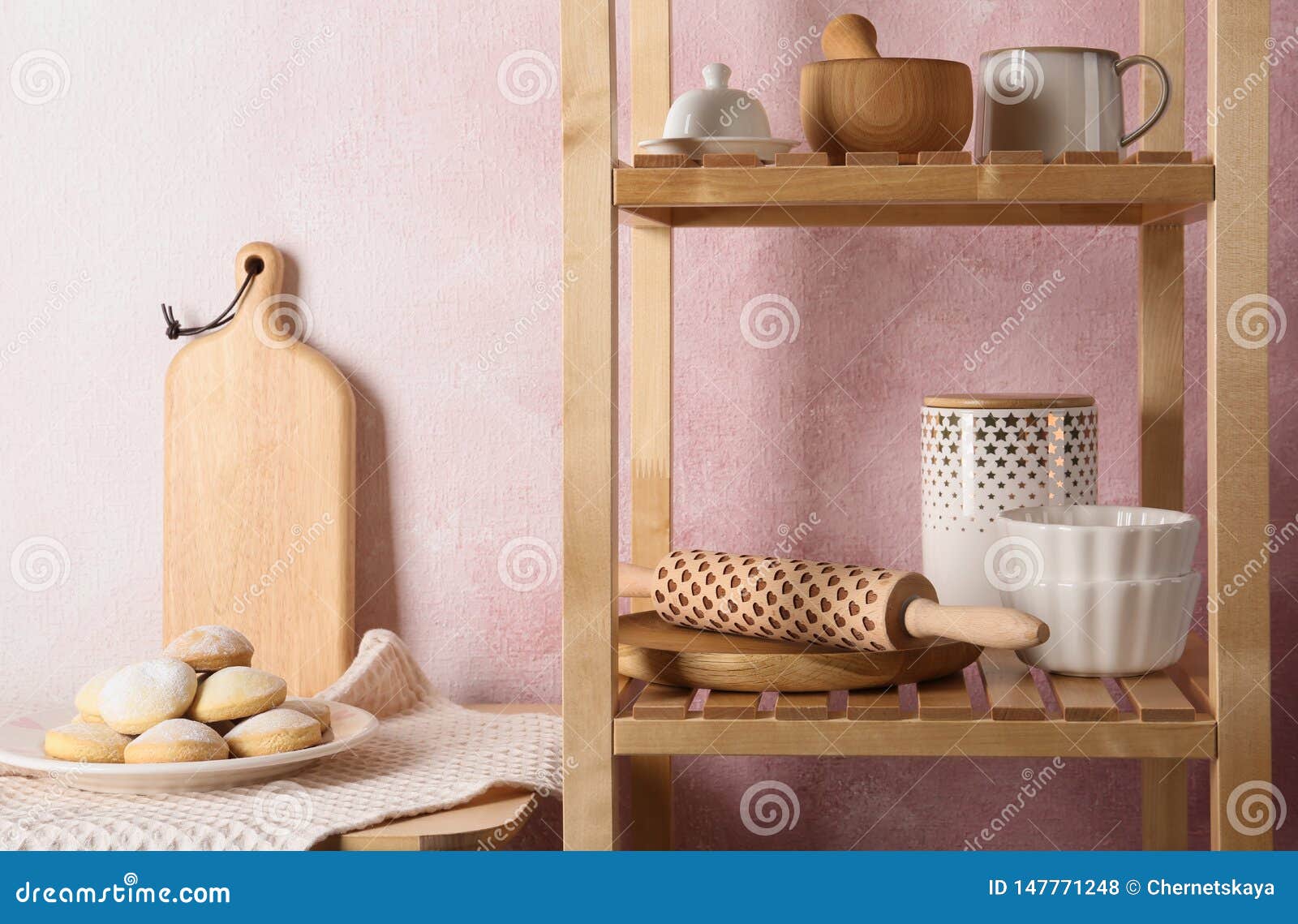 Wooden Shelving Unit and Table with Kitchenware Stock Photo Image of