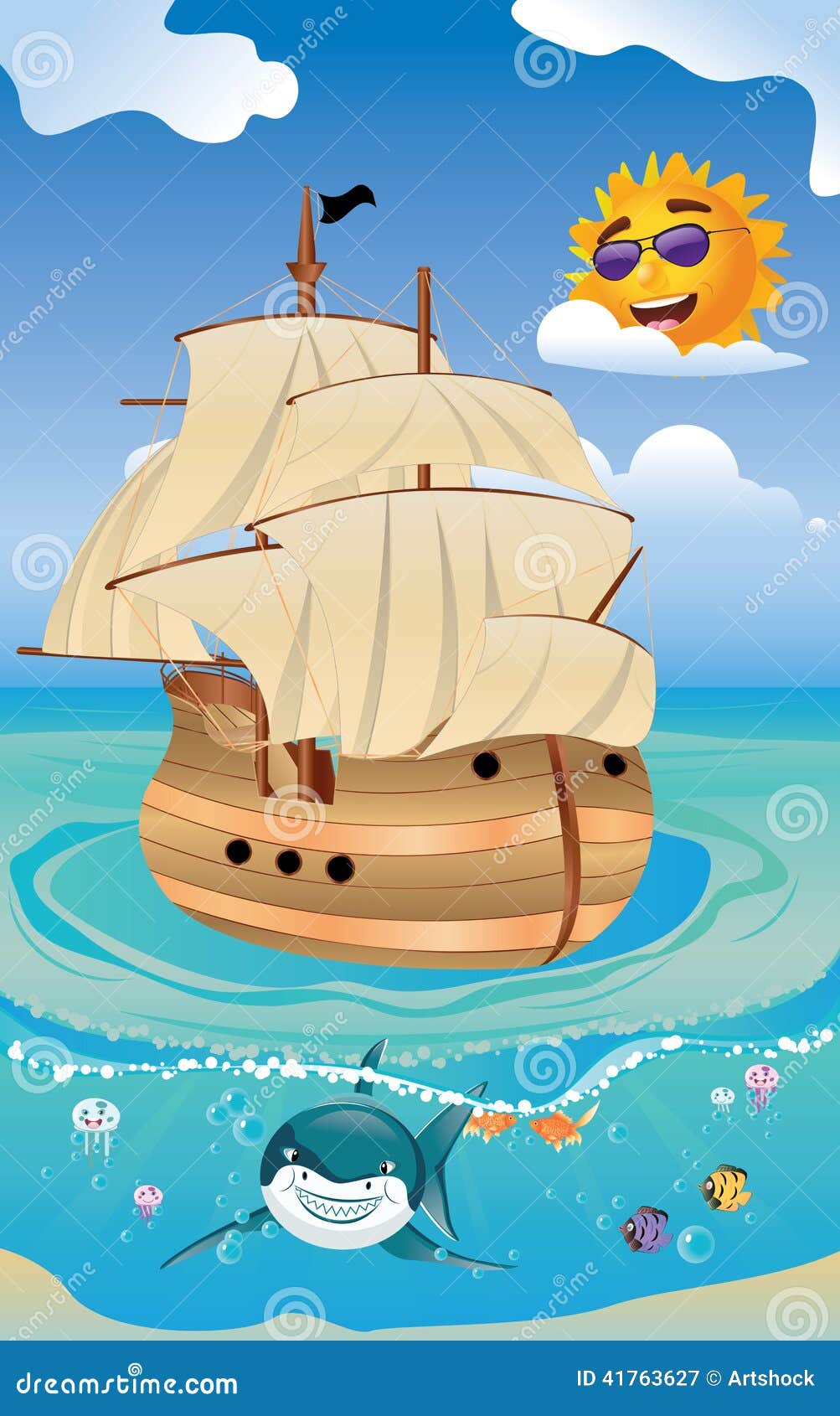 wooden ship in the sea stock vector. illustration of