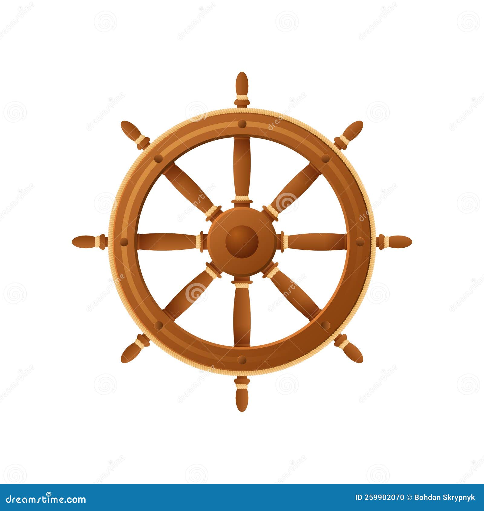 Wooden Ships Steering Wheel. Round Brown Vintage Ship Control Stock