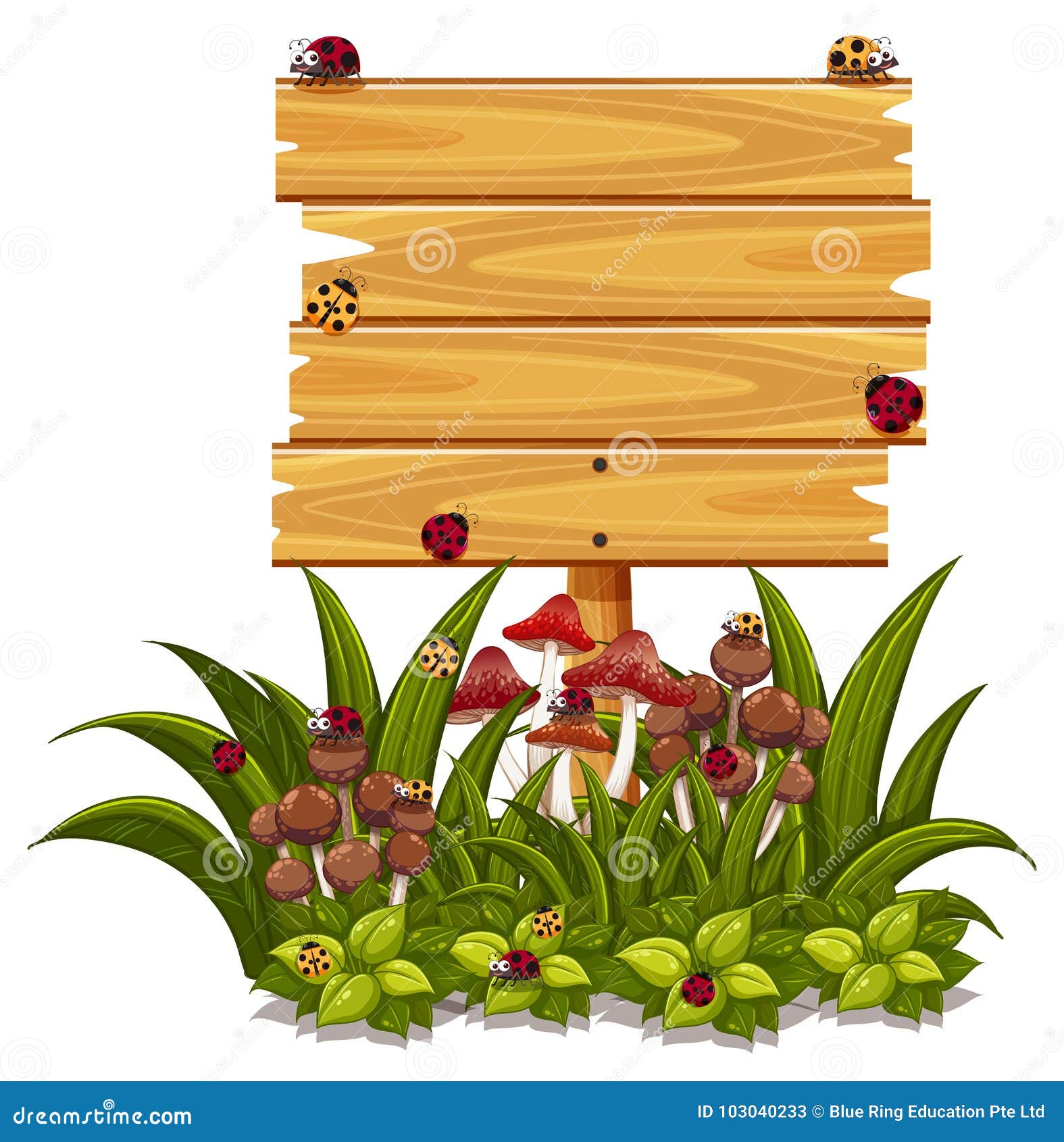 Wooden Sign Template With Ladybugs In Garden Stock Vector