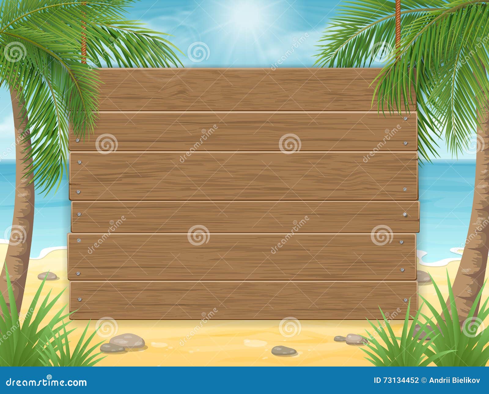 Wooden Sign on Tropical Beach with Palm Tree Stock Vector