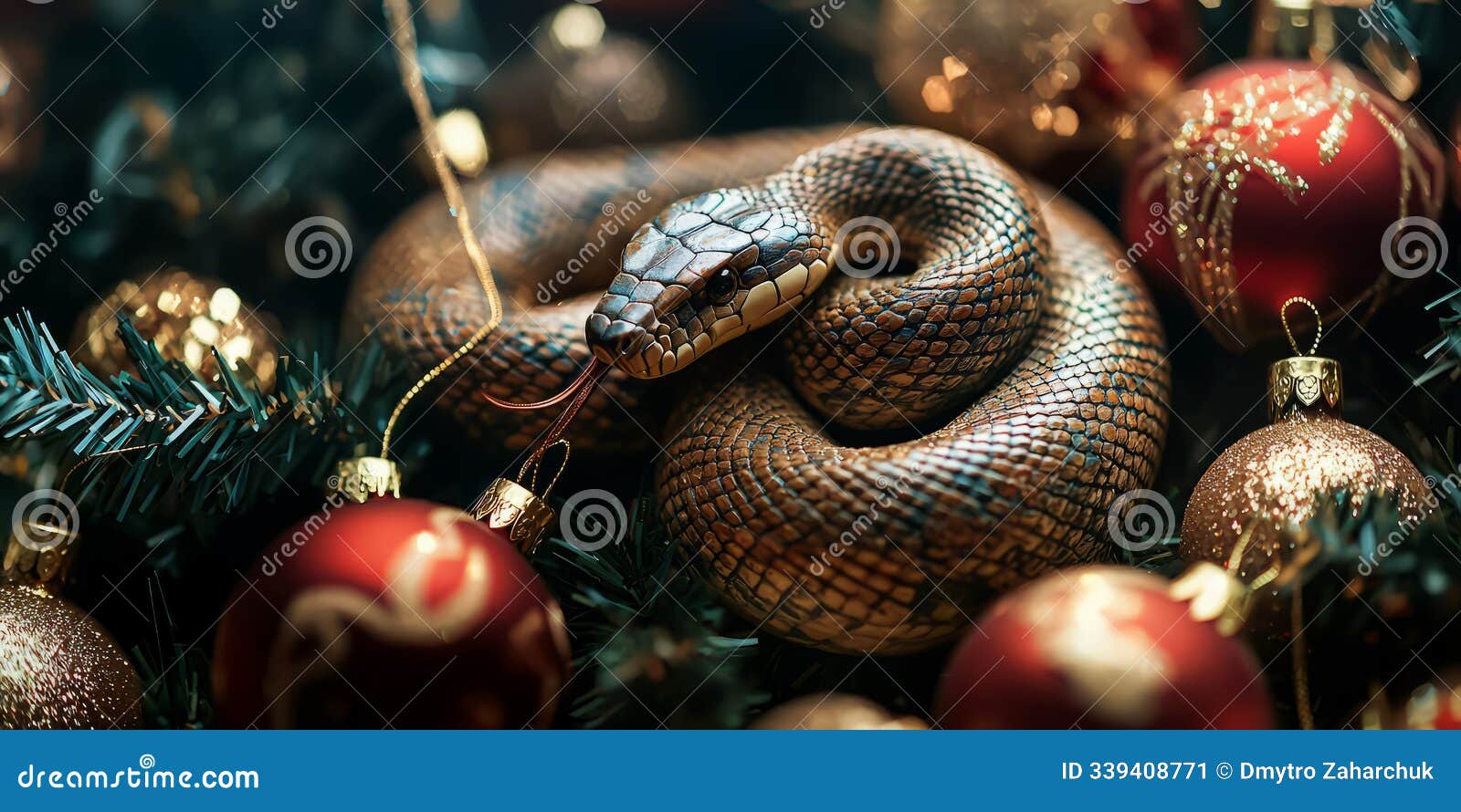 a wooden snake coiling through christmas ornaments, creating a holiday atmosphere with a new year's theme.