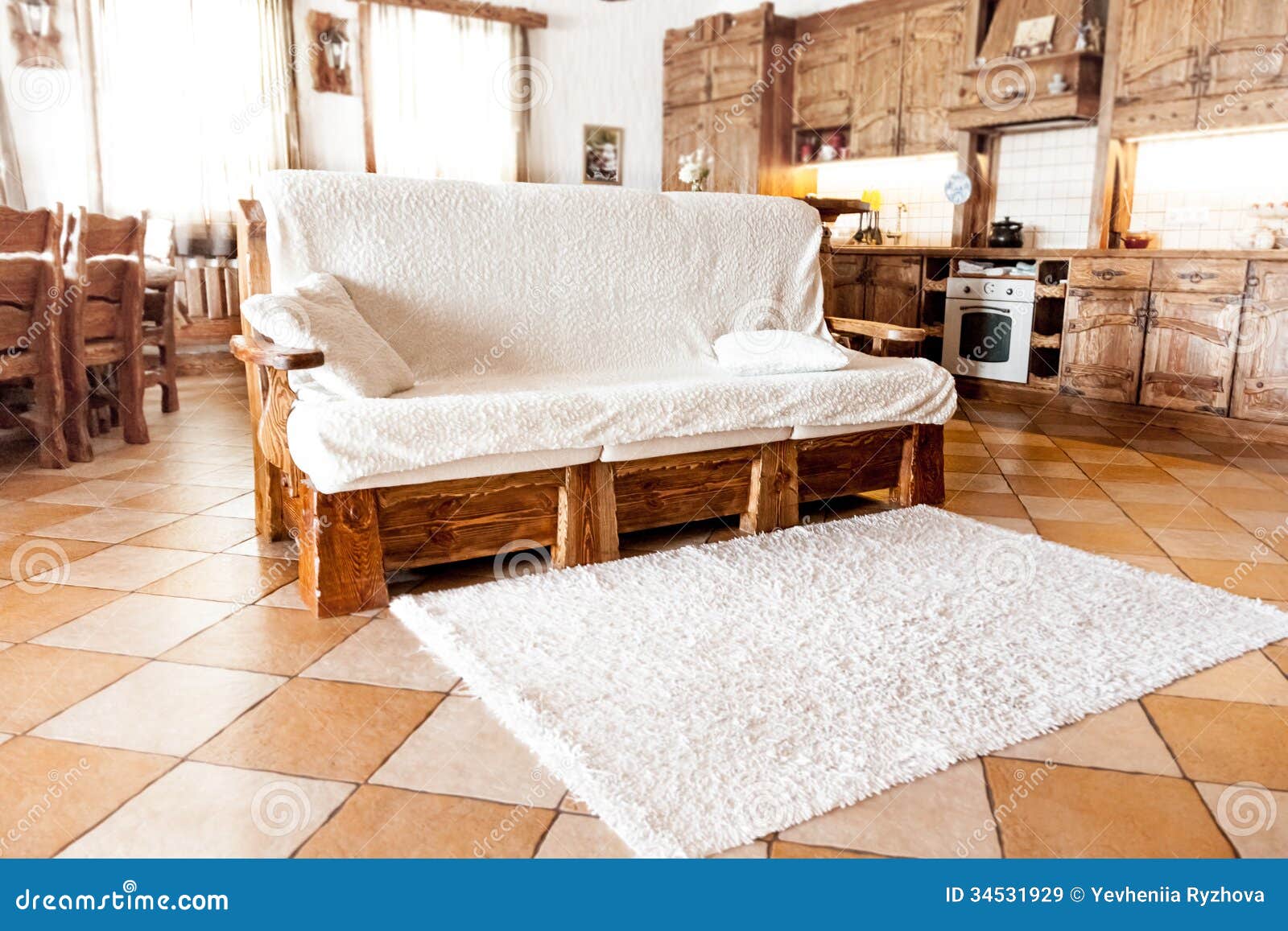 Wooden Sofa Standing In Living Room In Country Style 