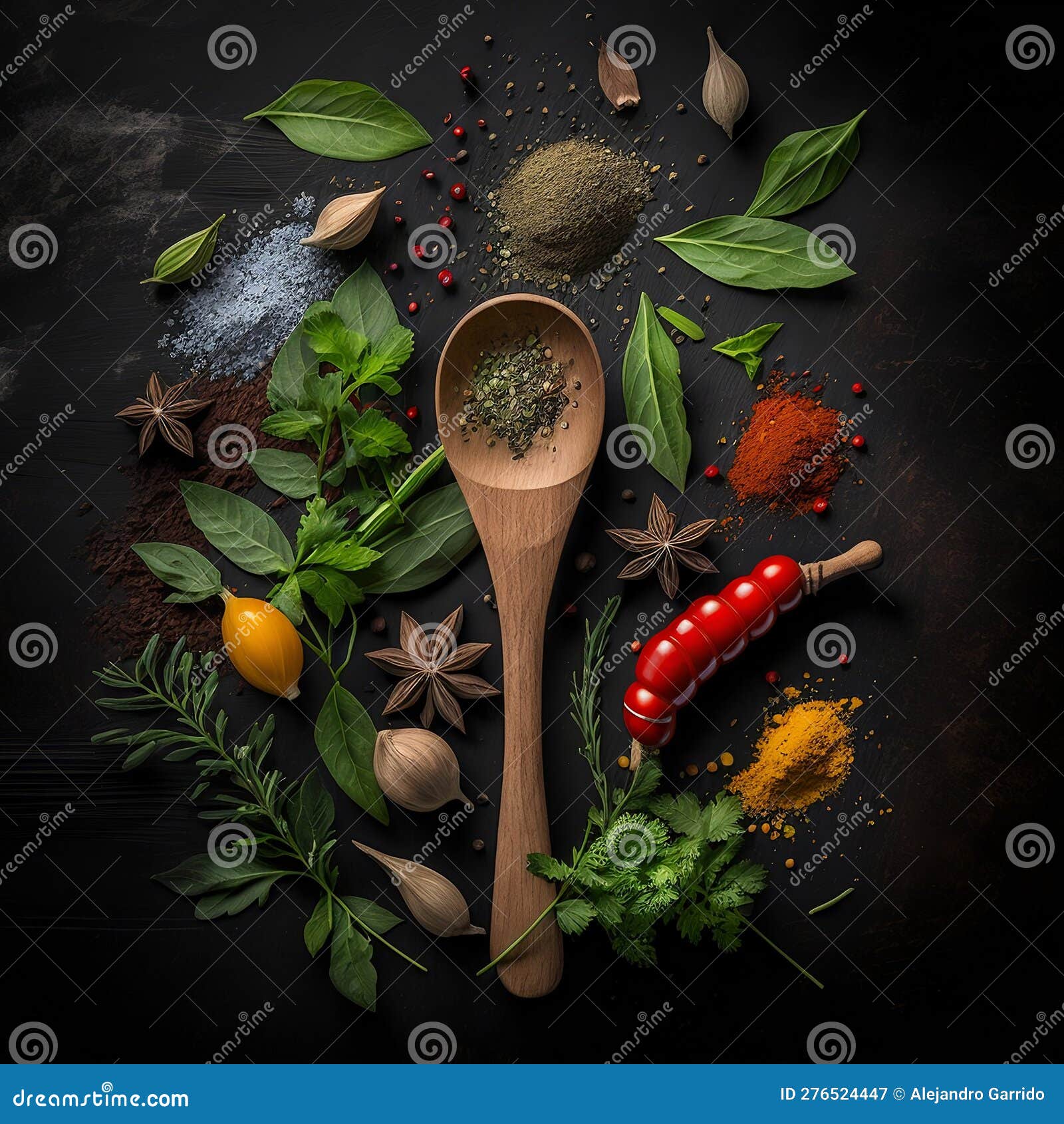 cuchara de madera e ingredientes hierbas frescas y especias sobre fondo de mesa de madera negra vieja
